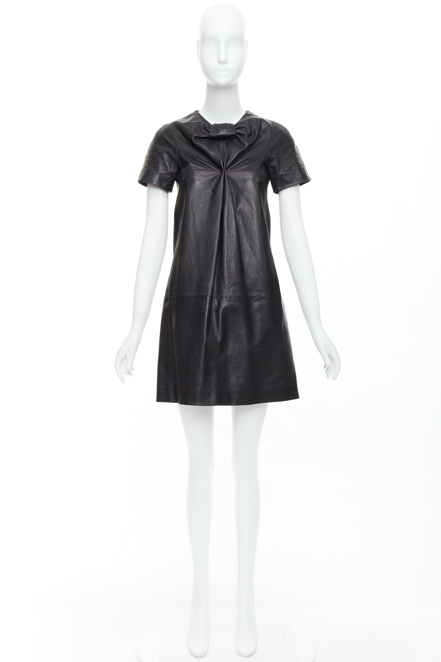CESARE FABBRI black bow leather silk lined short sleeve dress IT40 S For Sale 5
