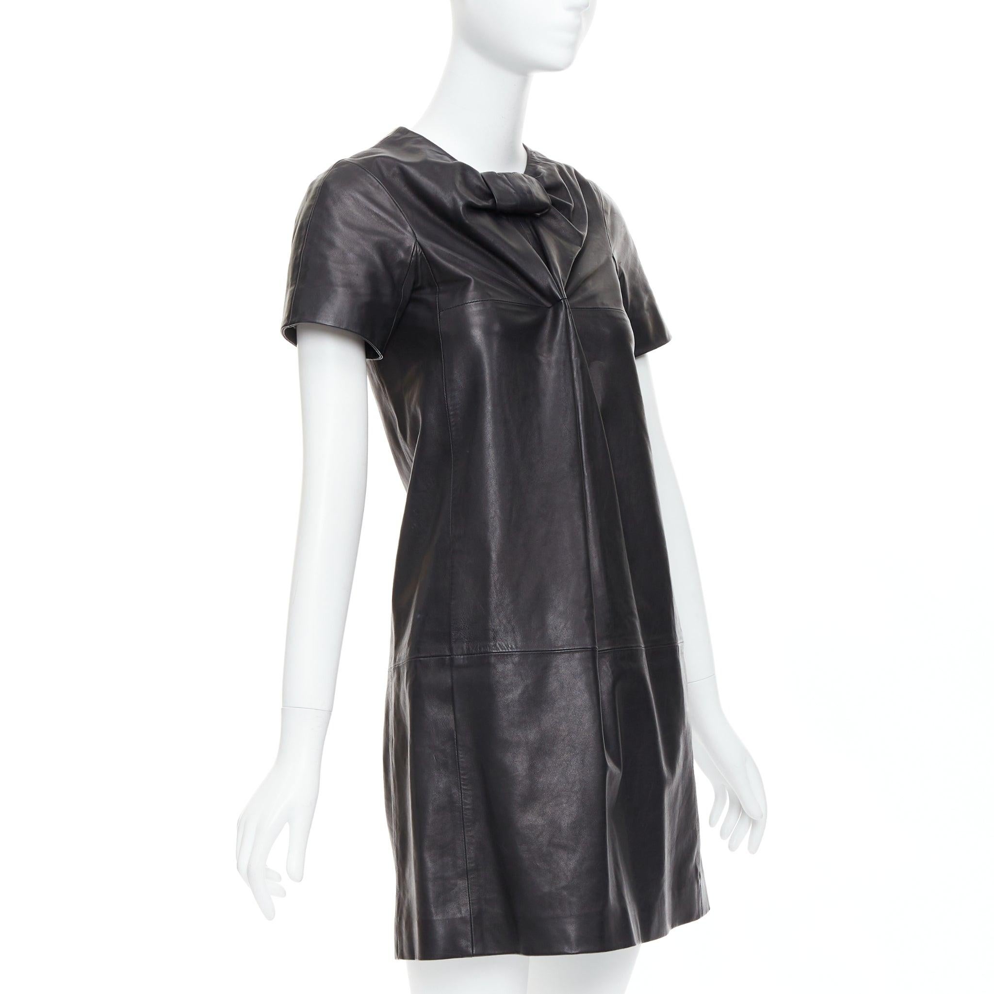 Black CESARE FABBRI black bow leather silk lined short sleeve dress IT40 S For Sale