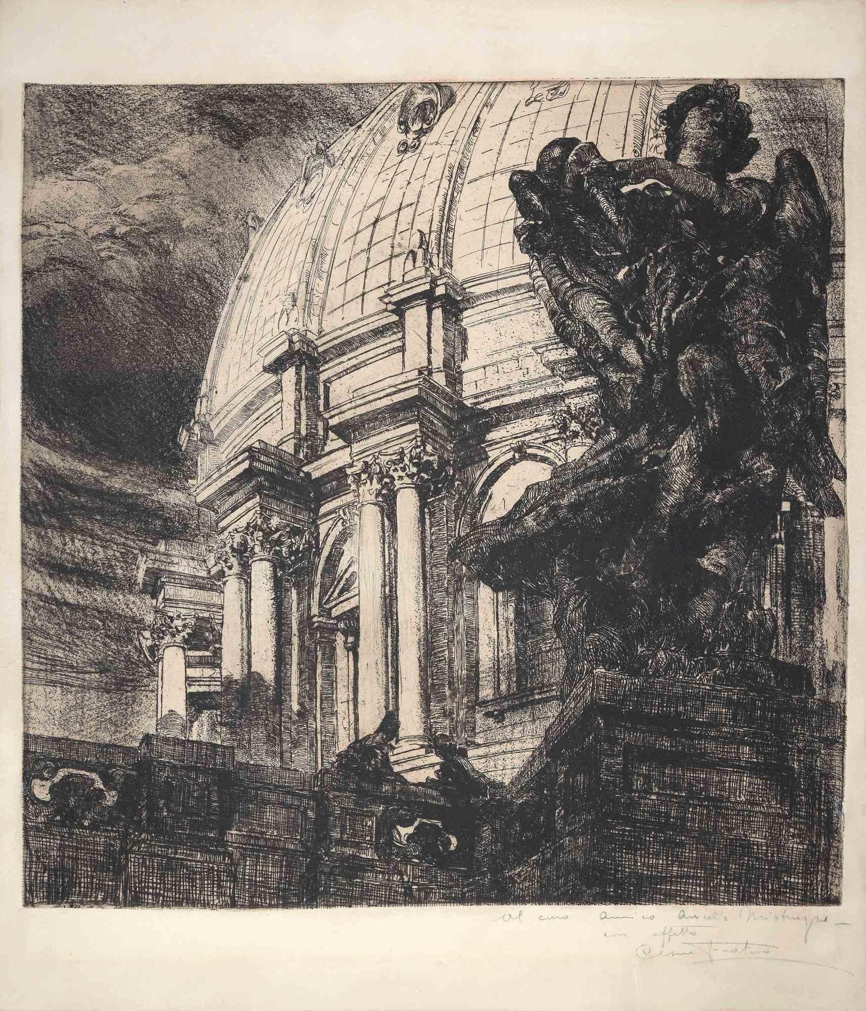 Detail of the Vatican is an Original Etching realized by Cesare Fratino in the Mid-20th Century.

Hand-signed and dedicated to Aurelio Mistruzzi.

The artwork is depicted through strong strokes and perfect hatching.