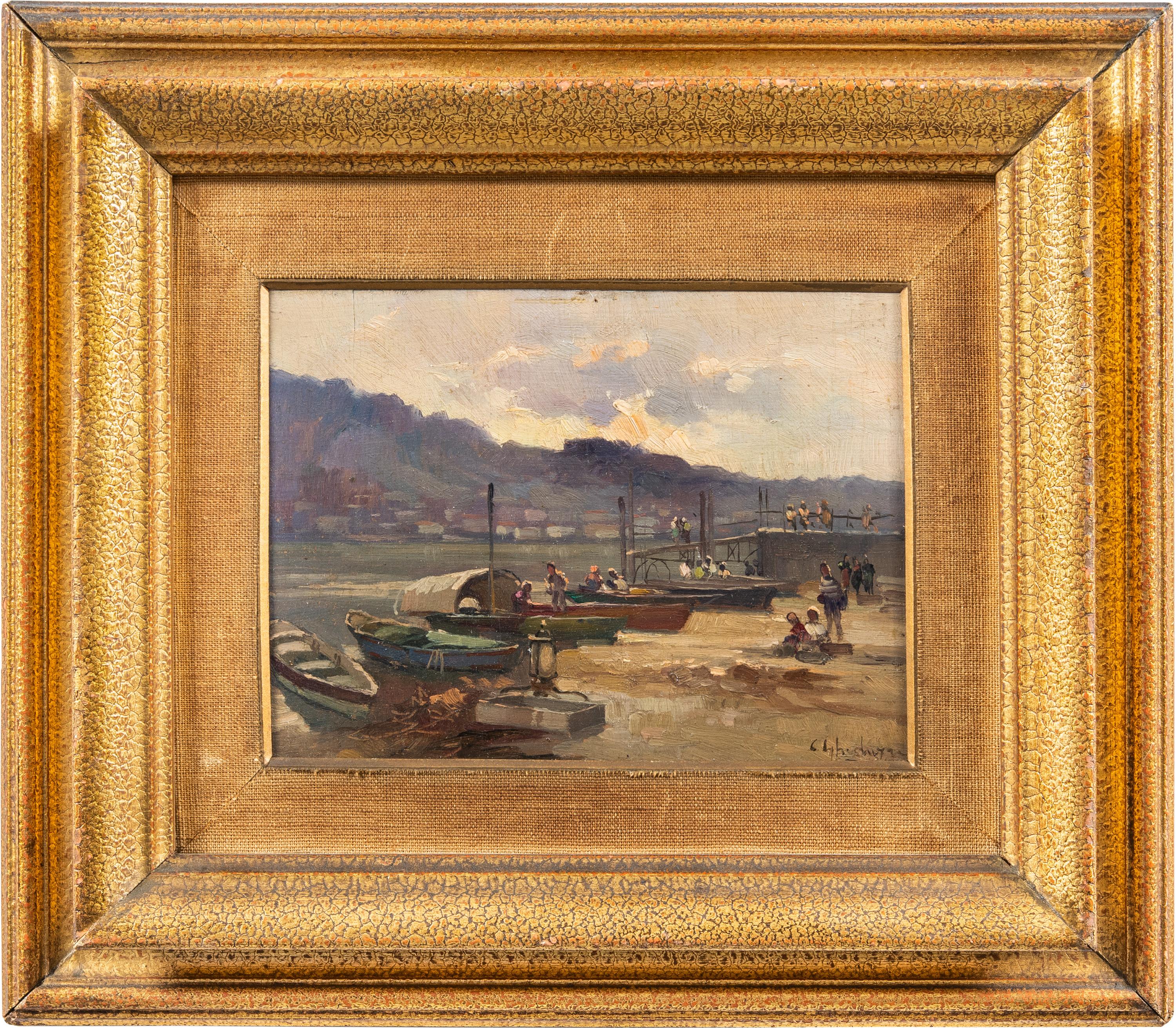 Cesare Gheduzzi - 20th century landscape painting - Harbor scene - Italy