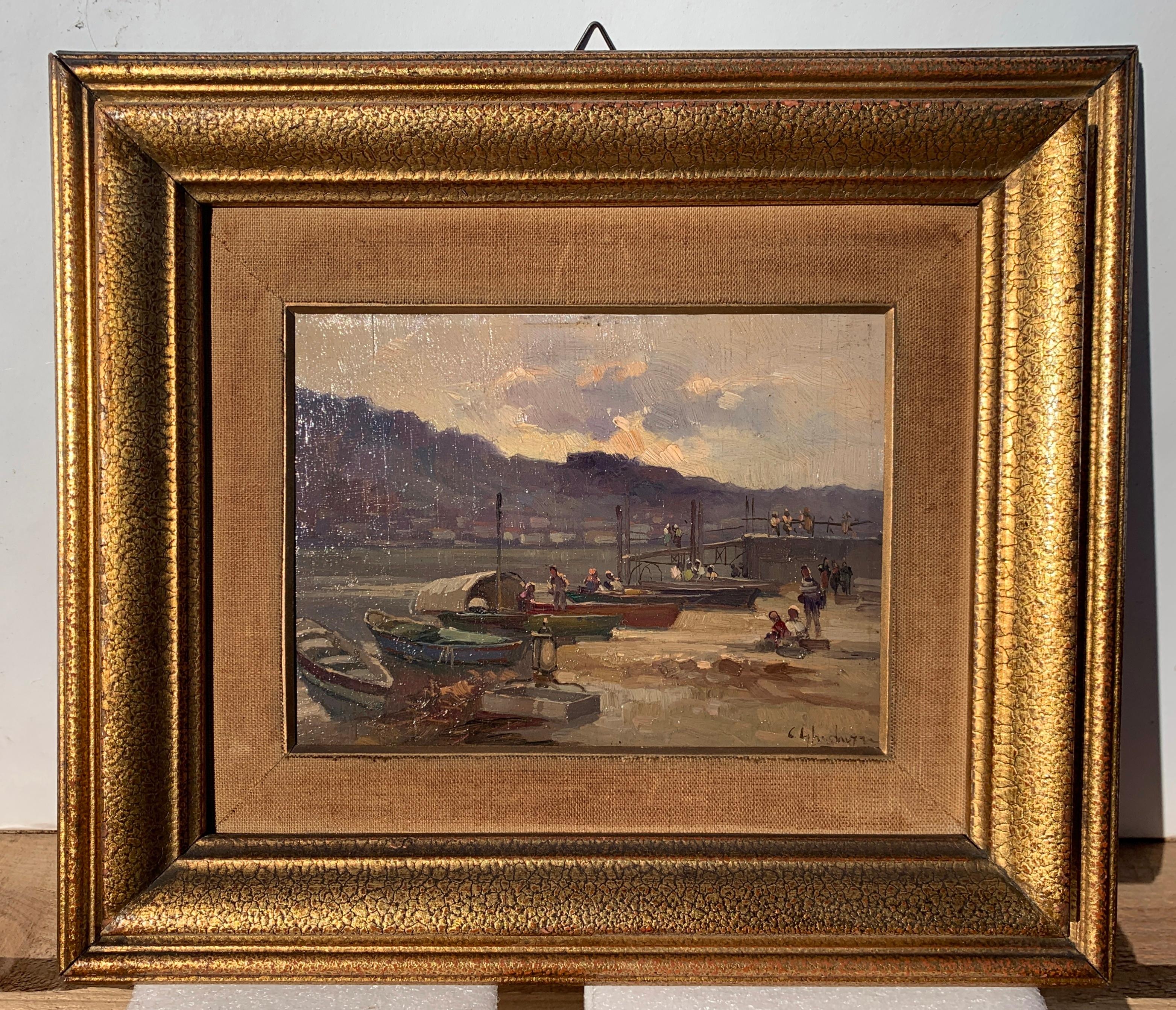 Cesare Gheduzzi - 20th century landscape painting - Harbor scene - Italy For Sale 1