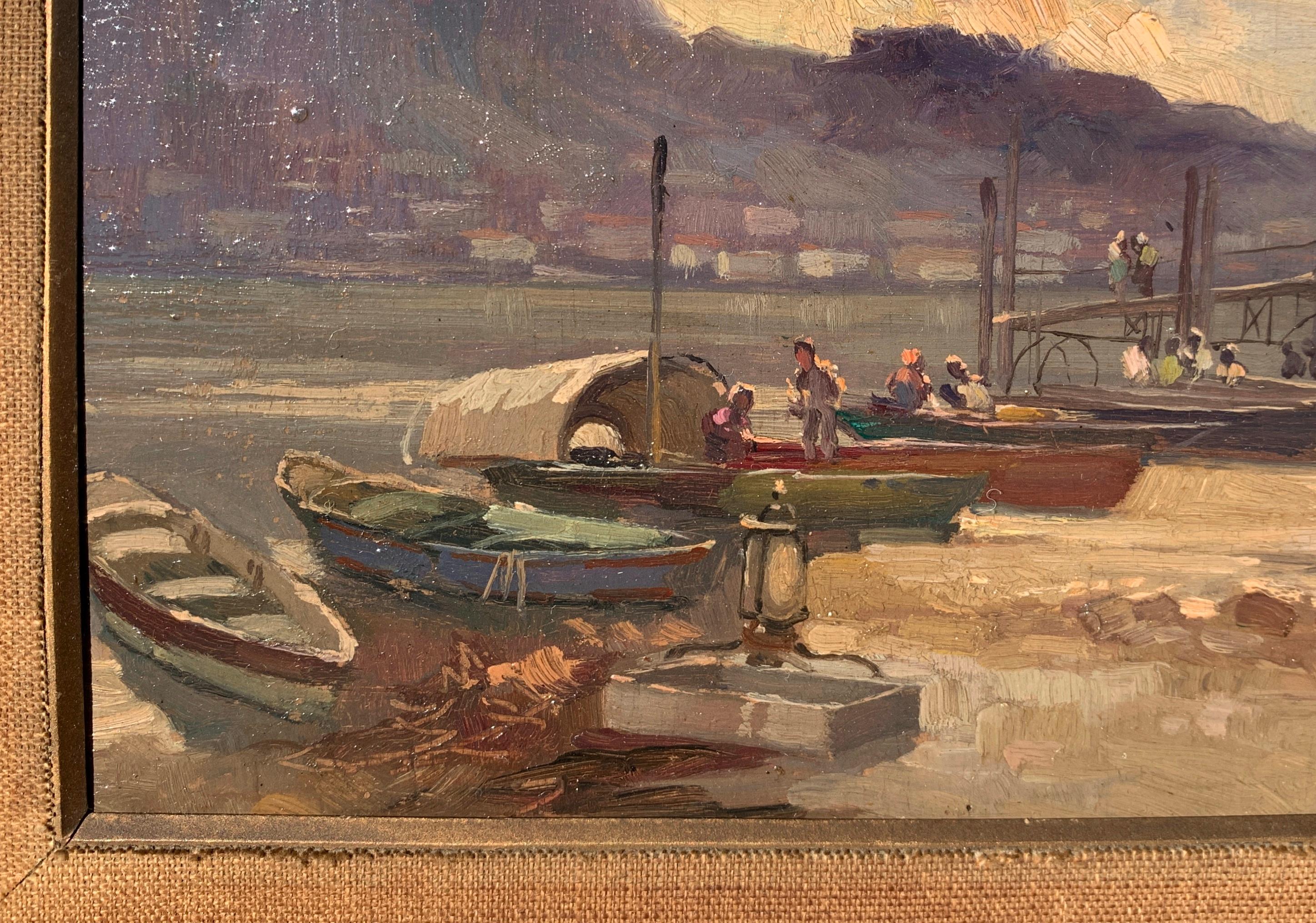 Cesare Gheduzzi - 20th century landscape painting - Harbor scene - Italy For Sale 2