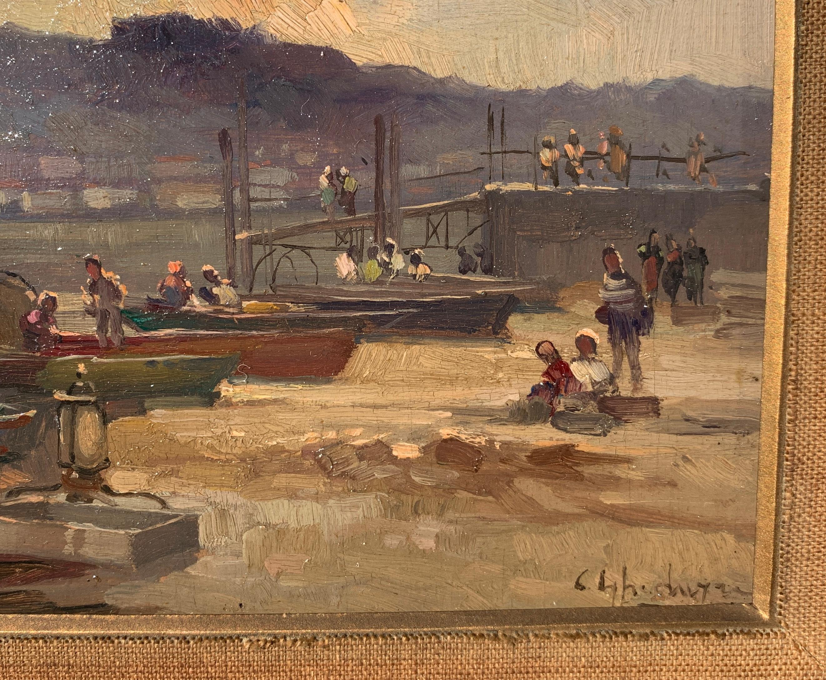 Cesare Gheduzzi - 20th century landscape painting - Harbor scene - Italy For Sale 3