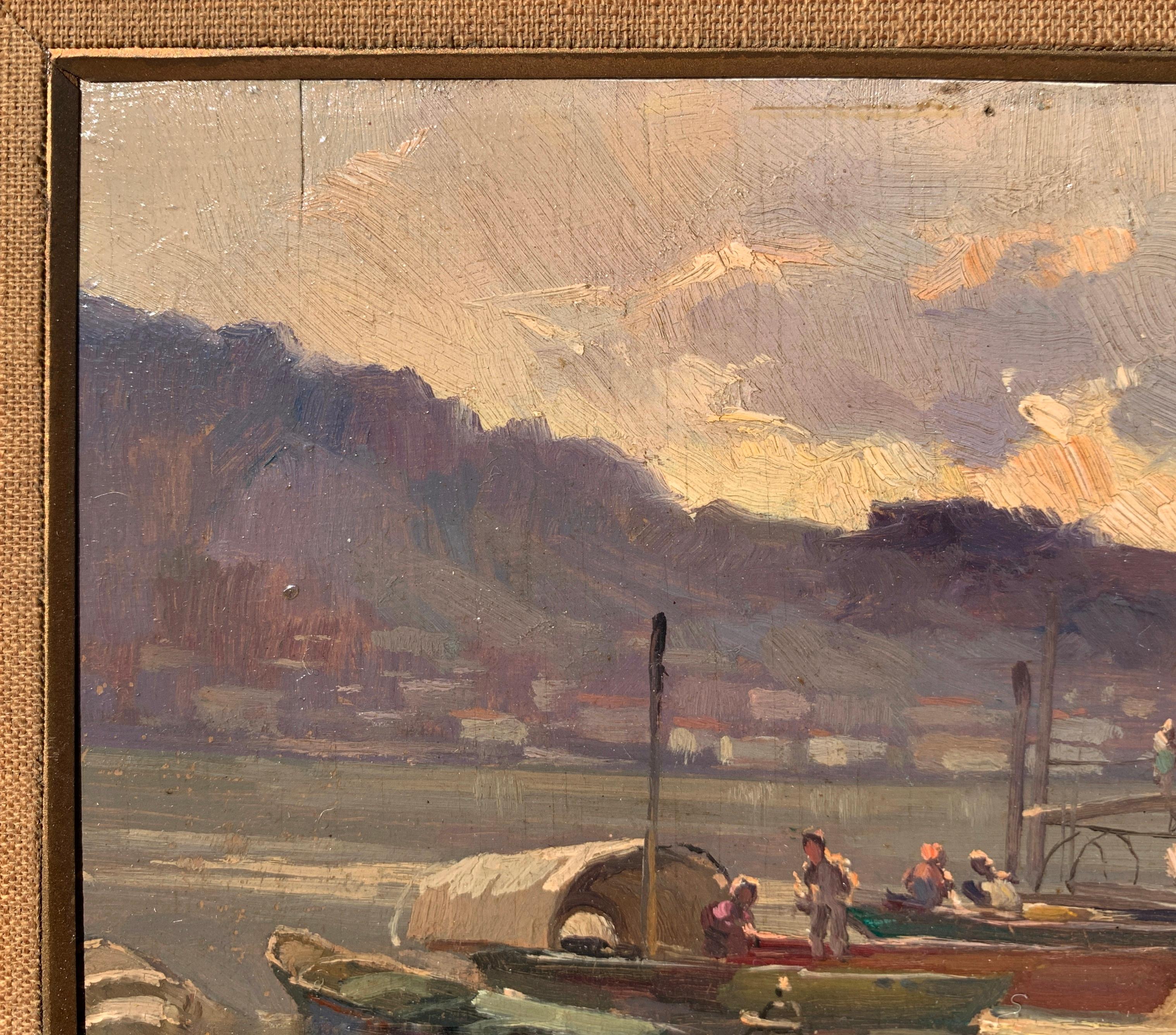 Cesare Gheduzzi - 20th century landscape painting - Harbor scene - Italy For Sale 5