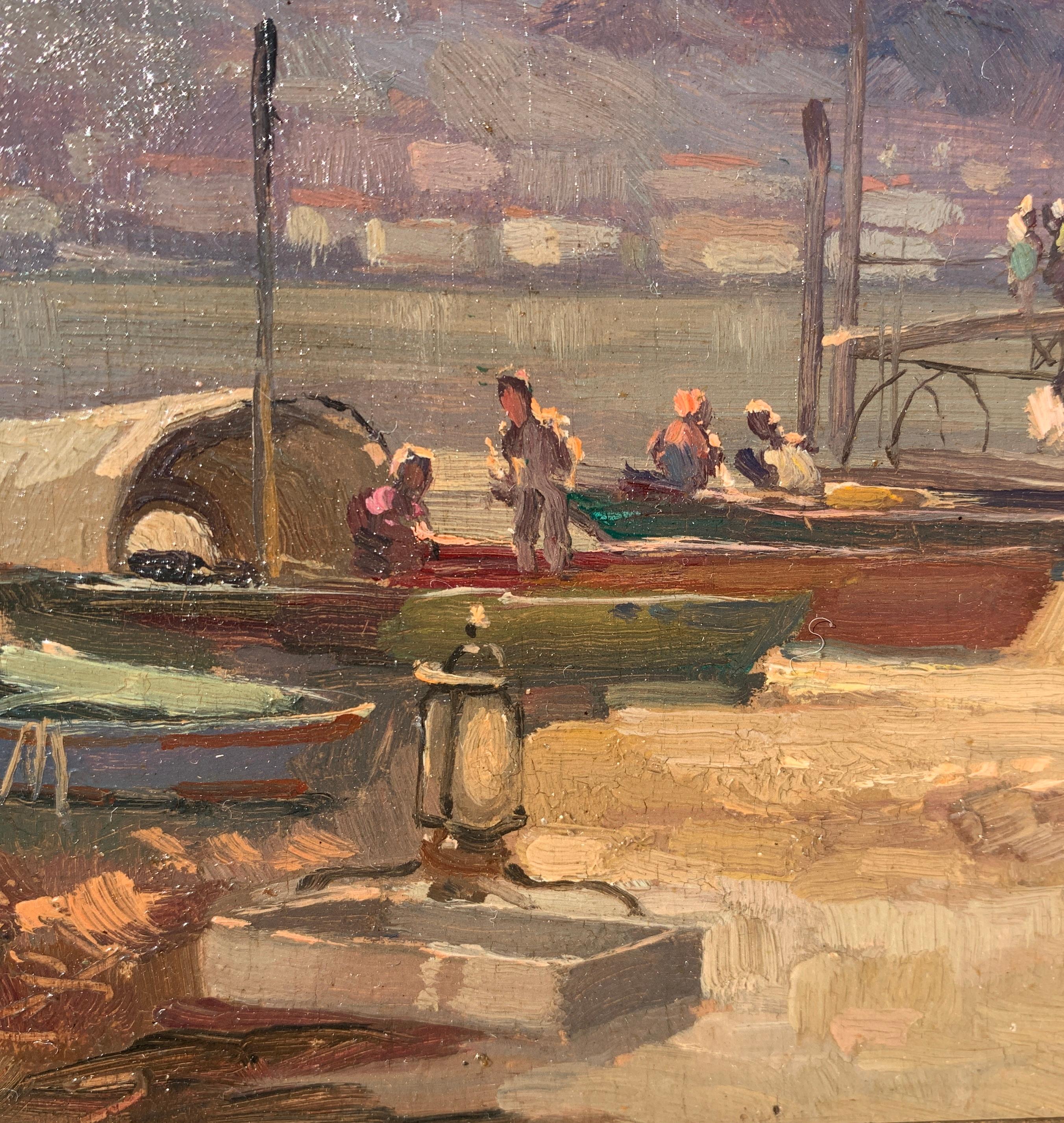 Cesare Gheduzzi - 20th century landscape painting - Harbor scene - Italy For Sale 6