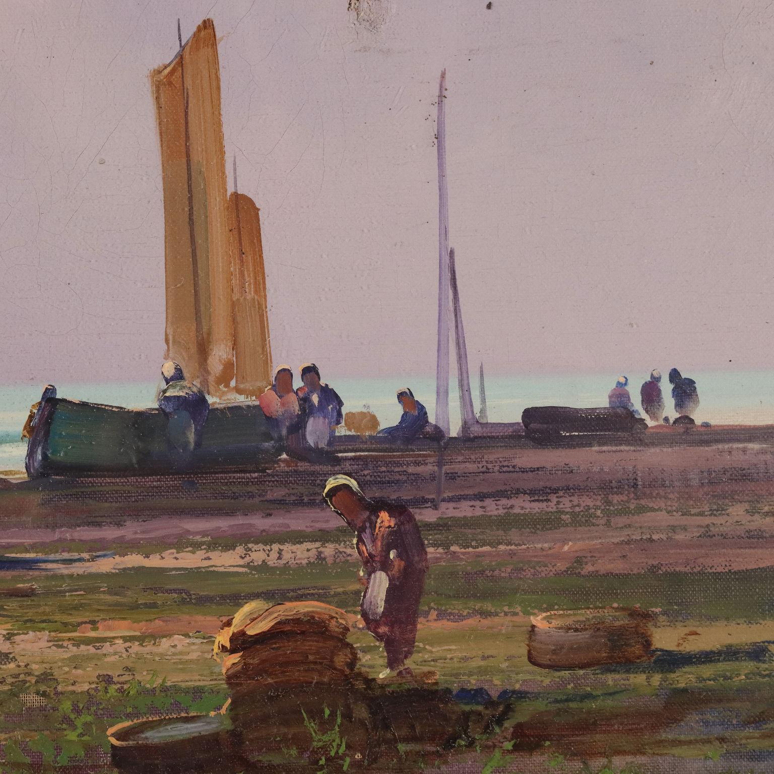 Marina con Barche e Figure XX secolo - Landscape Painting Gray di Cesare Gheduzzi