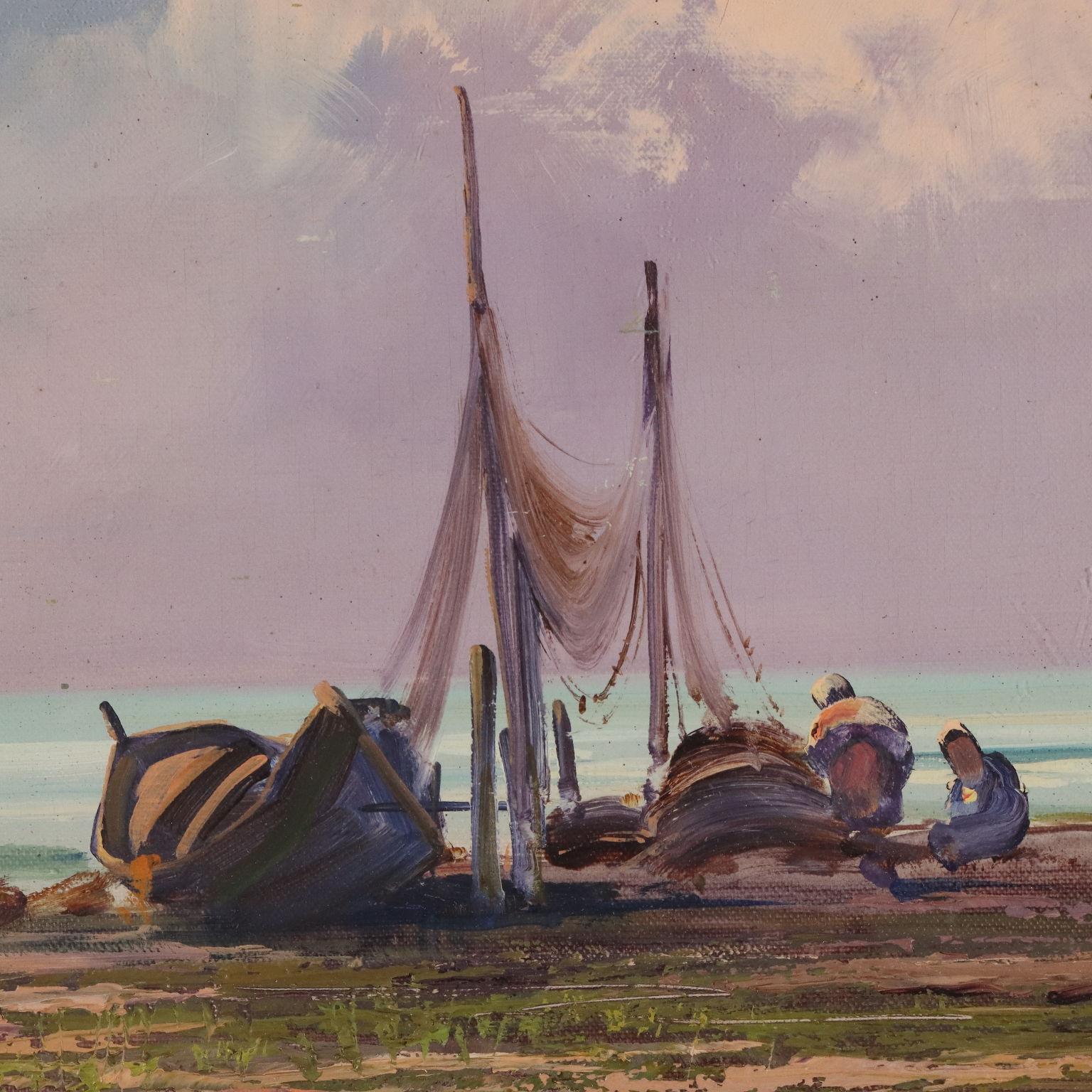 Olio su tela. Firmato in basso a sinistra.
Figlio d'arte, Cesare Gheduzzi si affermò come paesaggista.
Pur vivendo a Torino,  egli  frequentò a lungo la Riviera ligure, realizzando ampie vedute di mare, paesaggi costieri e pescatori all'opera, che