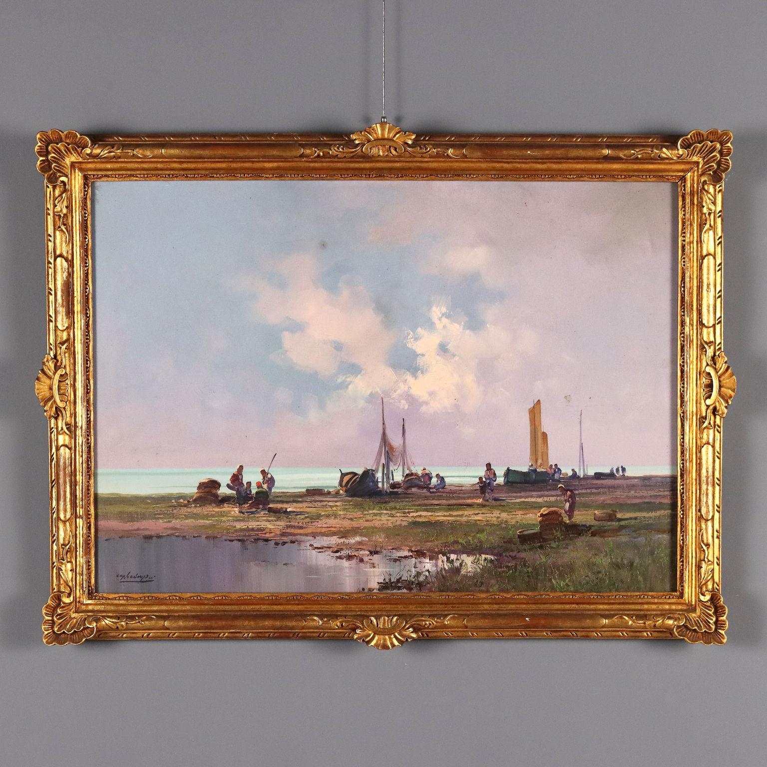 Landscape Painting di Cesare Gheduzzi - Marina con Barche e Figure XX secolo