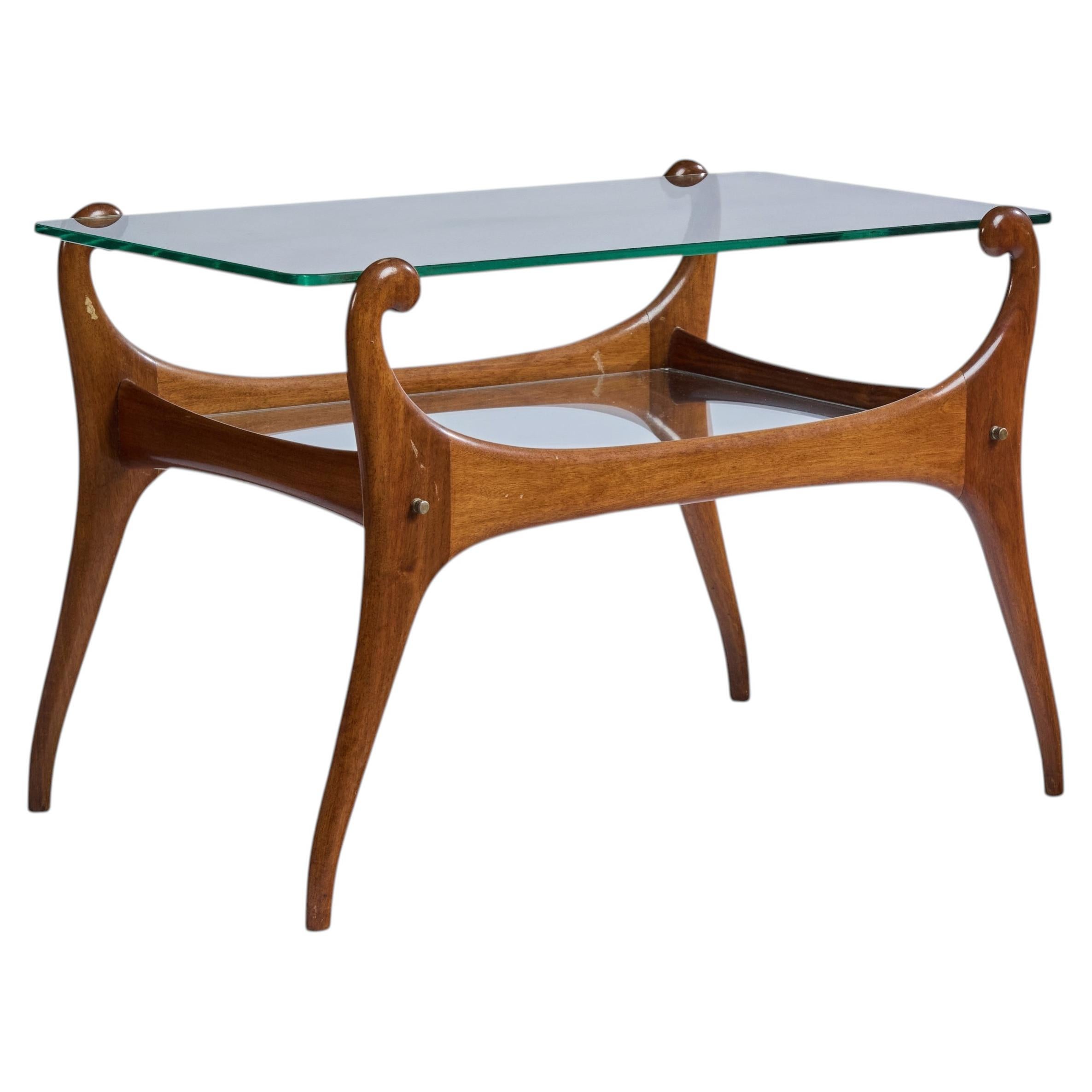 Cesare Lacca Attribution, Side Table, Walnut, Glass, Italy, 1950s For Sale