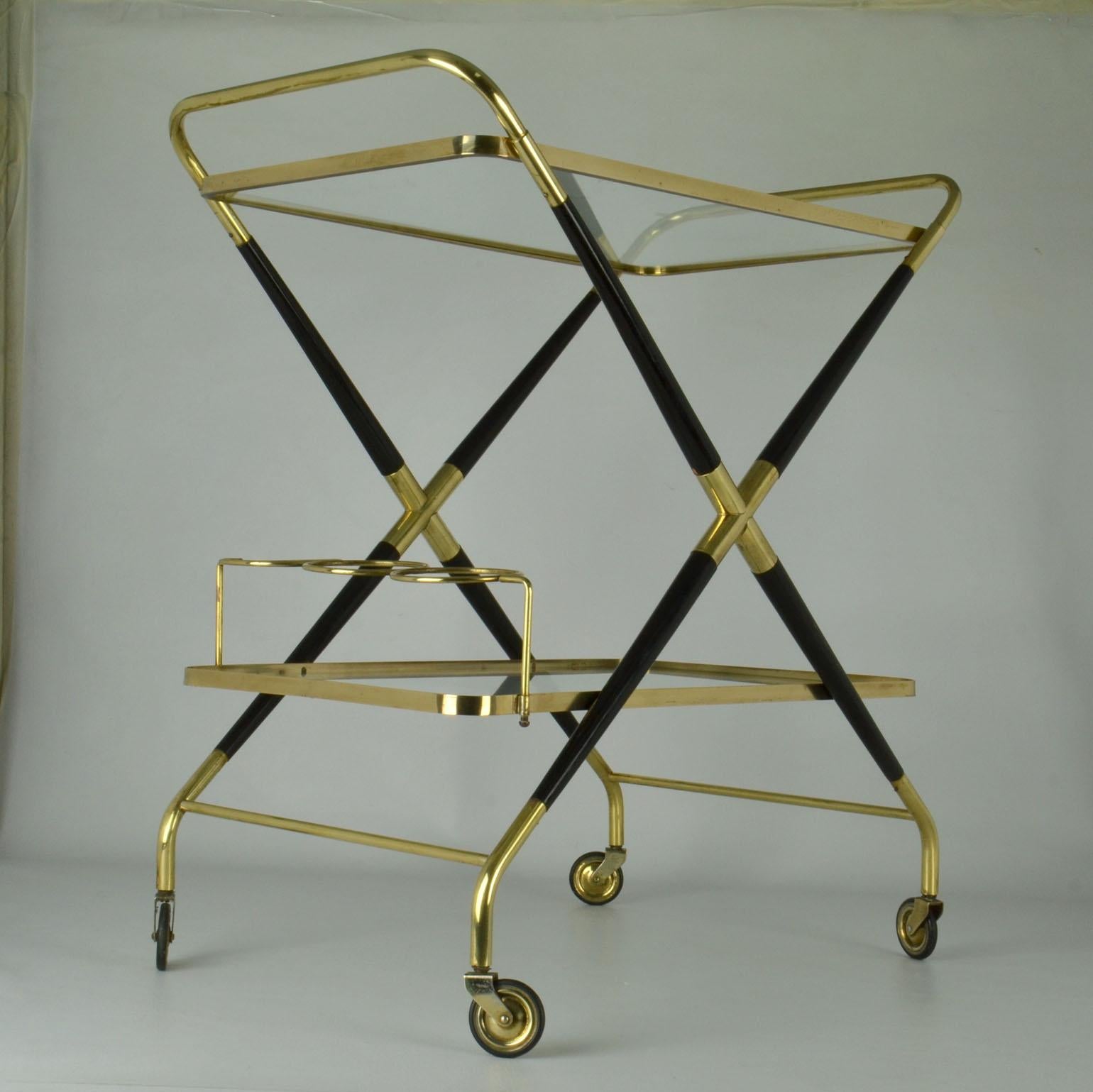 Cesare Lacca Bar Cart Cocktail Trolley Brass and Wood For Sale 1