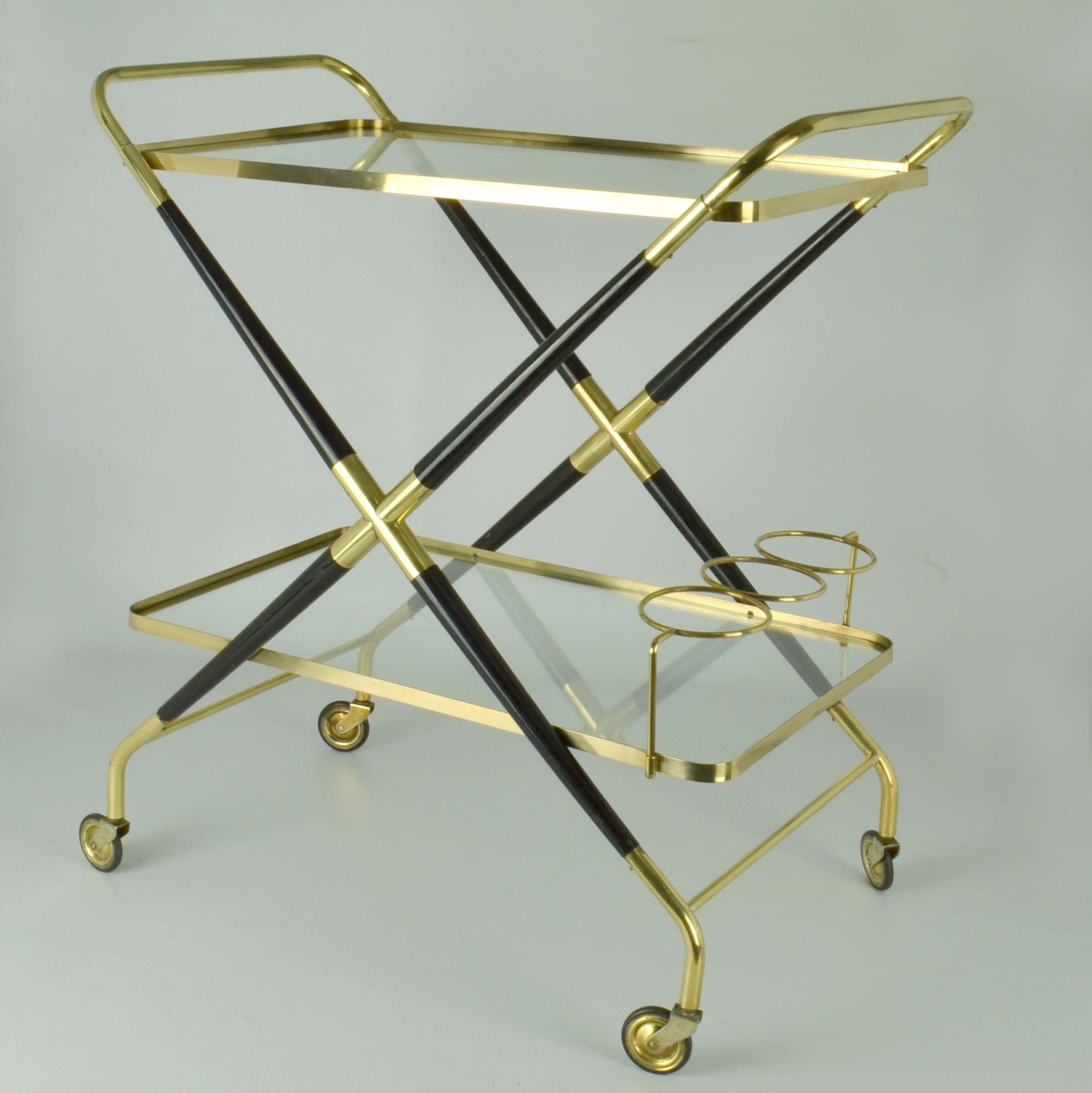 Mid-Century Modern Cesare Lacca Bar Cart Cocktail Trolley Brass and Wood For Sale