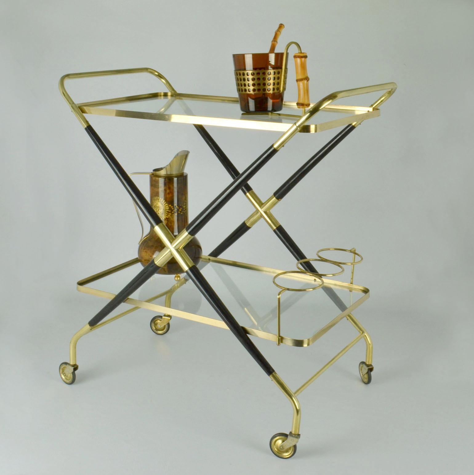 Italian Cesare Lacca Bar Cart Cocktail Trolley Brass and Wood For Sale