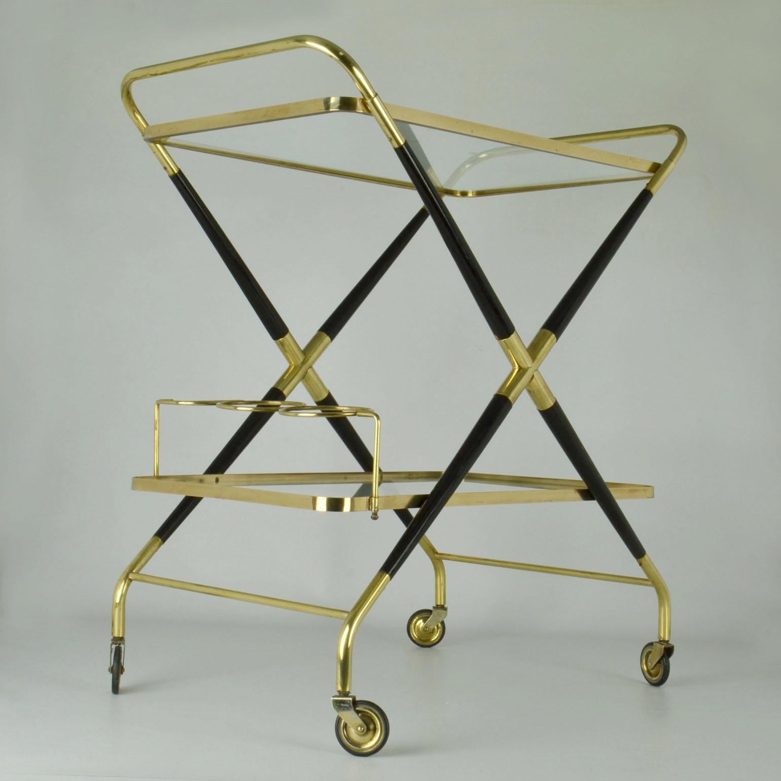Cesare Lacca Bar Cart Cocktail Trolley Brass and Wood For Sale 2