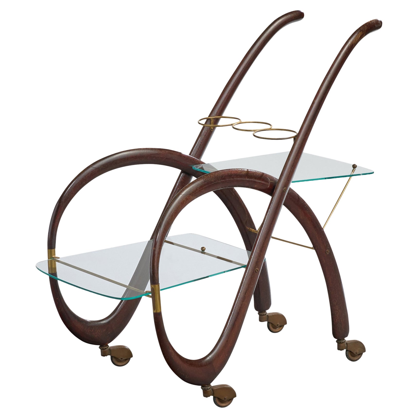 Cesare Lacca, Bar Cart, Wood, Brass, Glass, Italy, 1950s For Sale