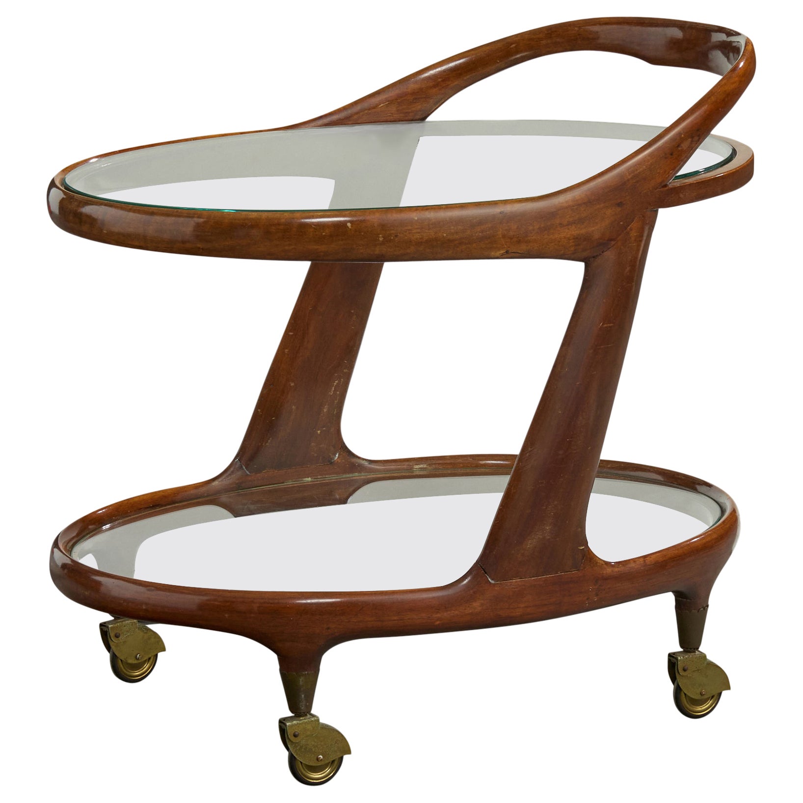 Cesare Lacca, chariot de bar, Wood, verre, laiton, Italie, années 1950