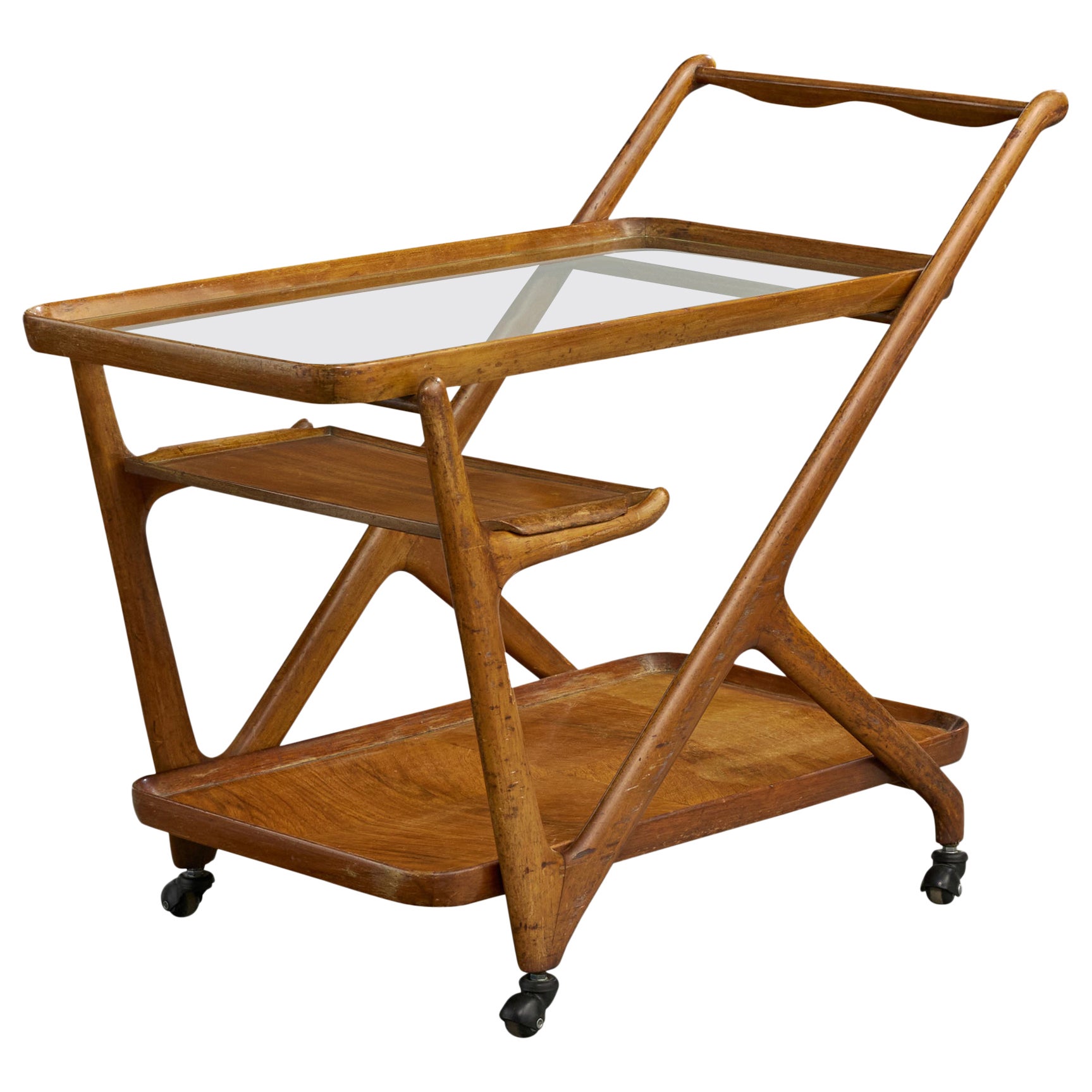 Cesare Lacca, Bar Cart, Wood, Glass, Metal, Italy, 1950s