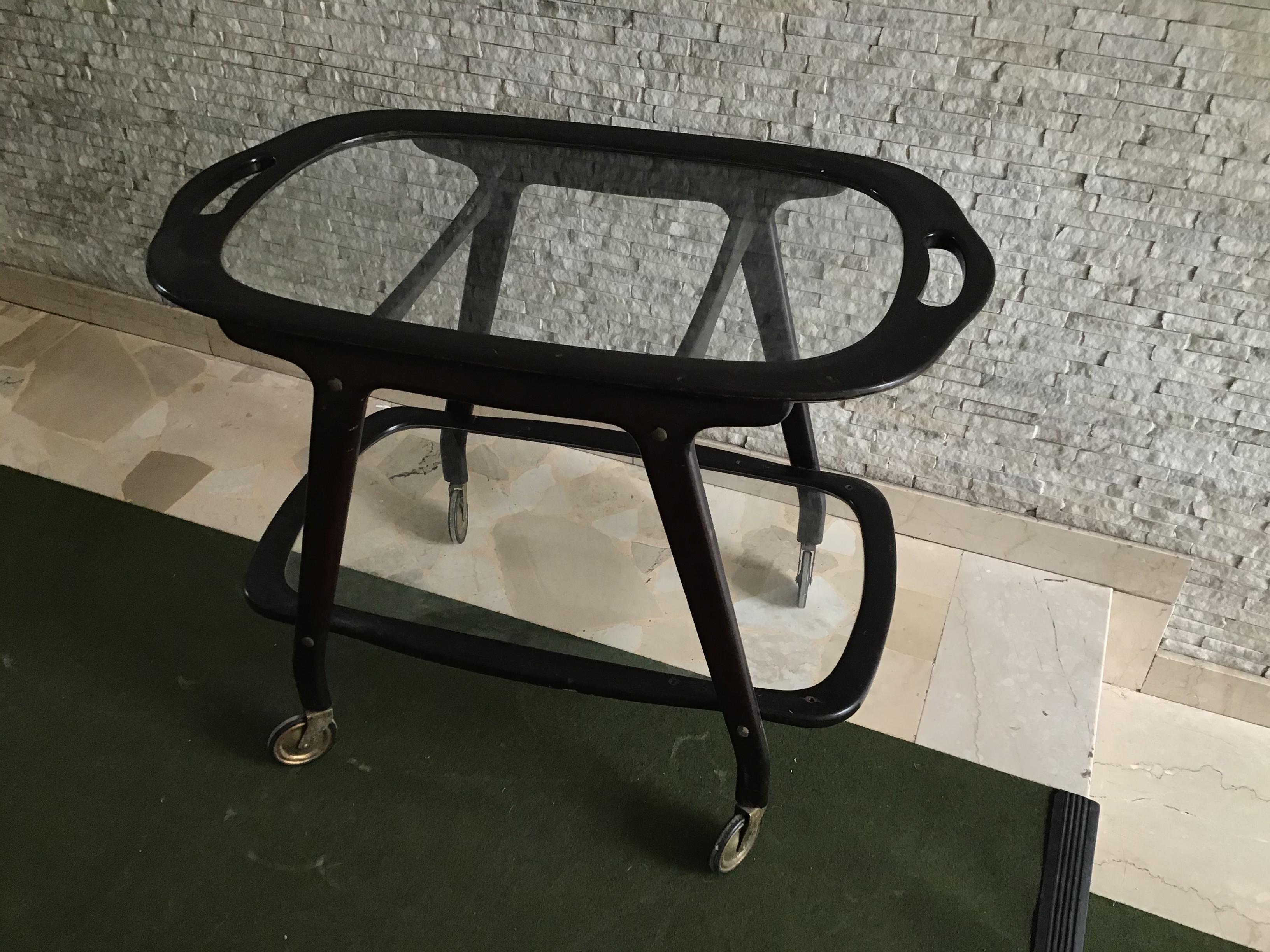 Carrello da bar con vassoio mobile Wood Wood Brass, 1950, Italia in vendita 3