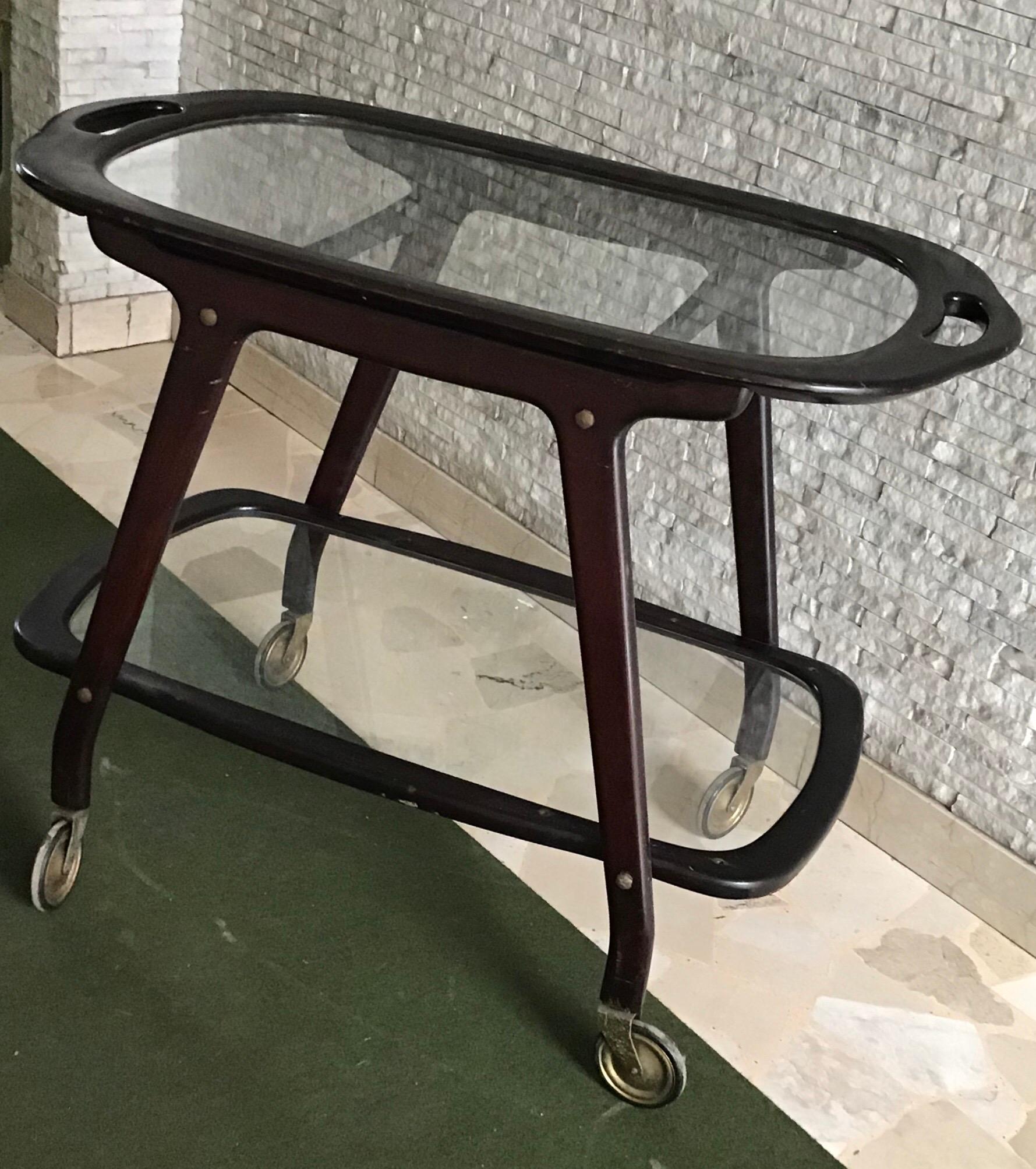 Other Cesare Lacca Bar Trolley with Movable Tray Wood Brass, 1950, Italy For Sale