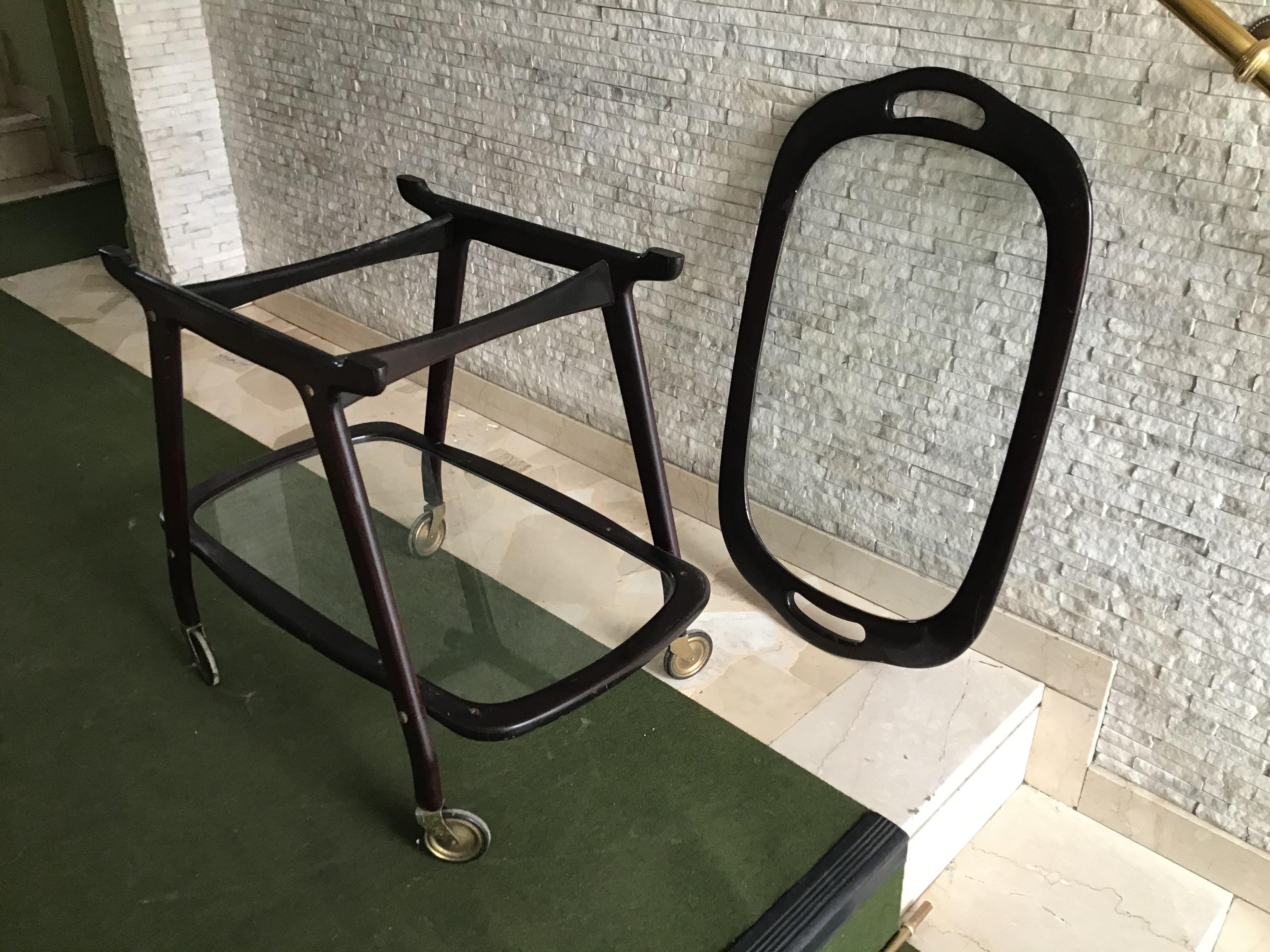 Carrello da bar con vassoio mobile Wood Wood Brass, 1950, Italia in vendita 2