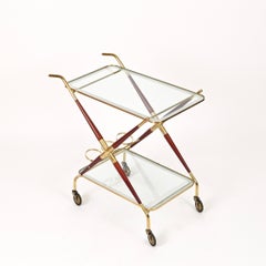 Cesare Lacca Brass and Burgundy Lacquered Wood Bar Cart, Italy, 1950s