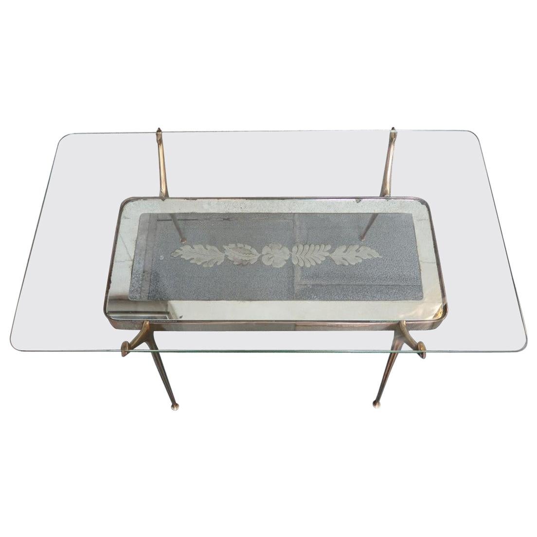 Cesare Lacca, Brass and Decorated Glass Midcentury Coffee Table, Italy, 1950 For Sale