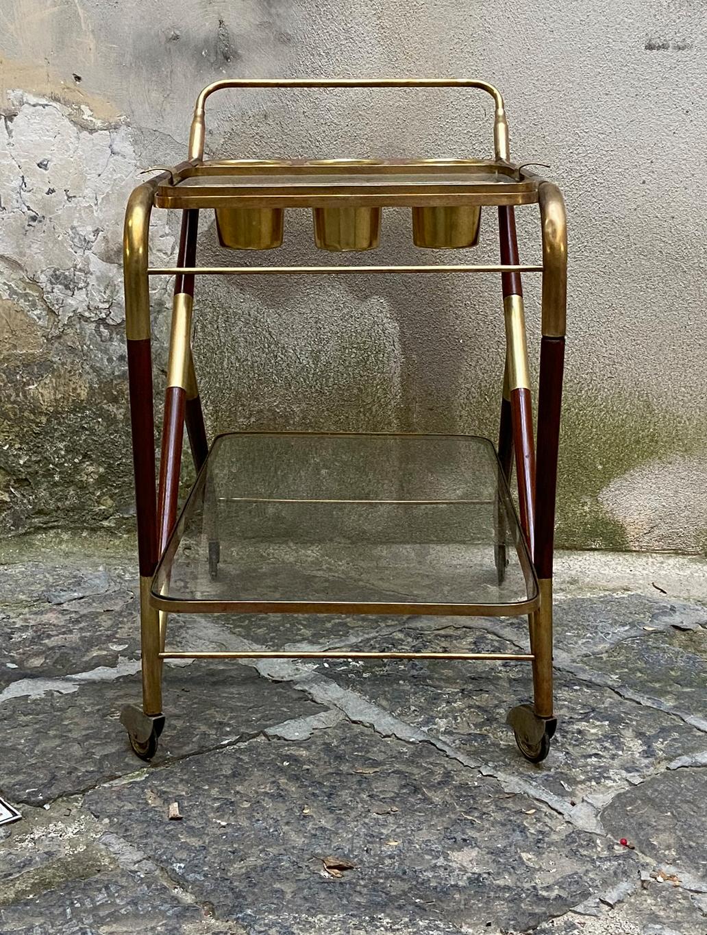 Mid-Century Modern Cesare Lacca Brass and Mahogany Bar Cart