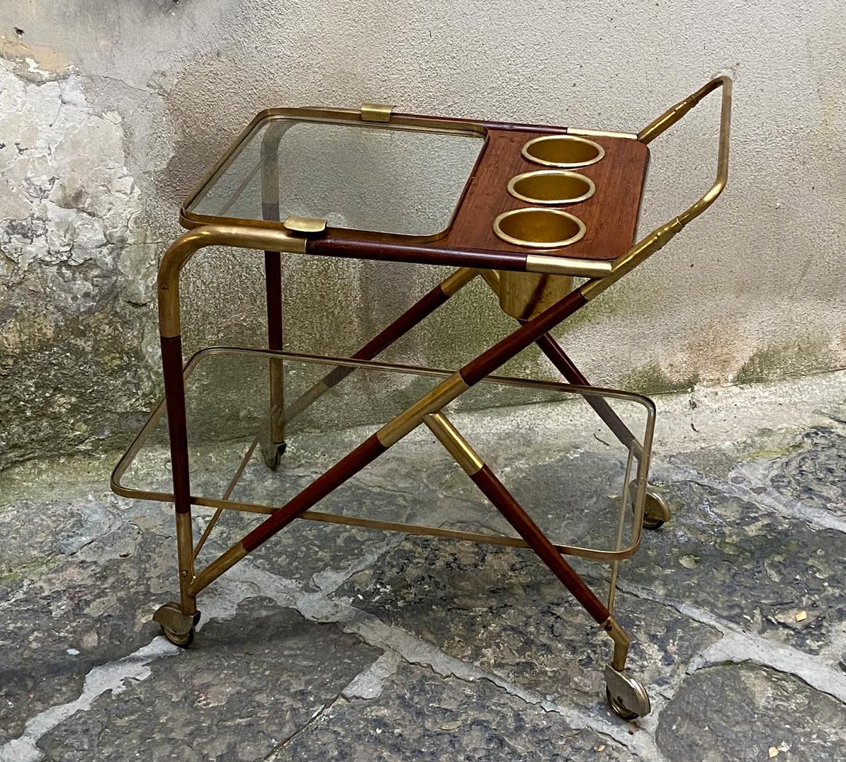 Cesare Lacca Brass and Mahogany Bar Cart In Good Condition In Naples, IT