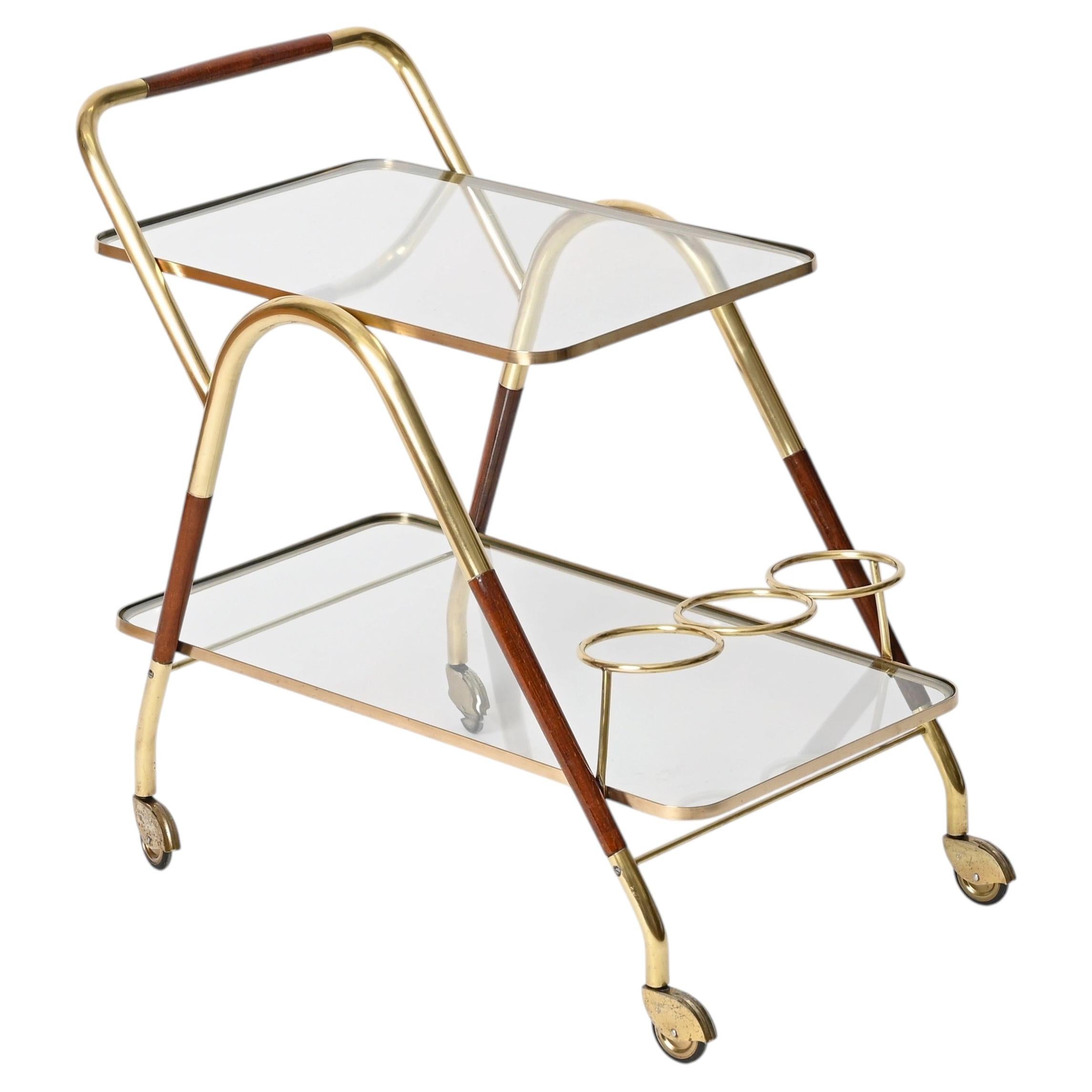 Cesare Lacca Brass and Walnut Wood Mid-Century Bar Cart, Italy, 1950s