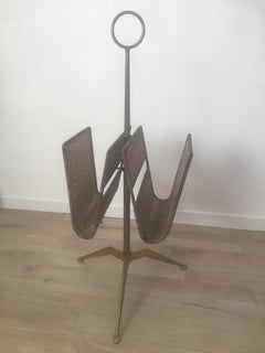 Cesare Lacca Brass and Wicker Rotating Magazine Rack, Italy, 1950s