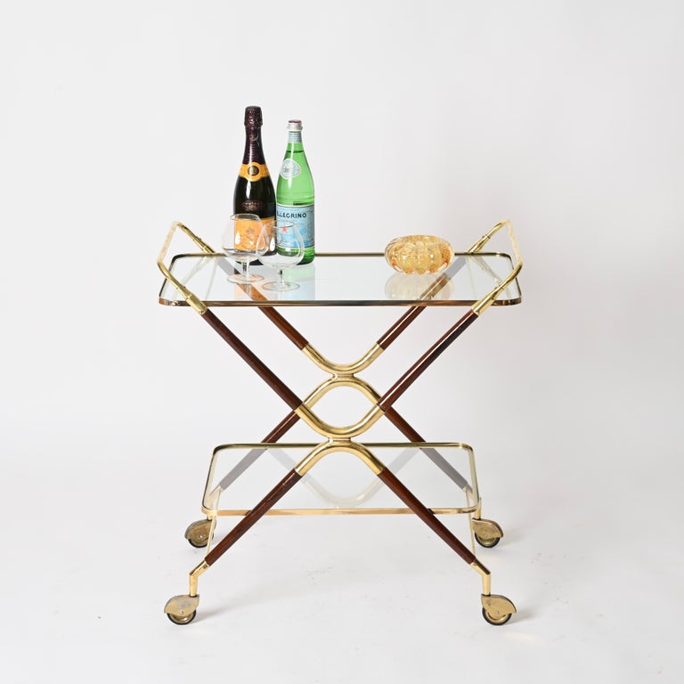 Chariot De Bar Italien Des Années 50 - Bois Laiton, 2 étagères, Pliable, Vintage