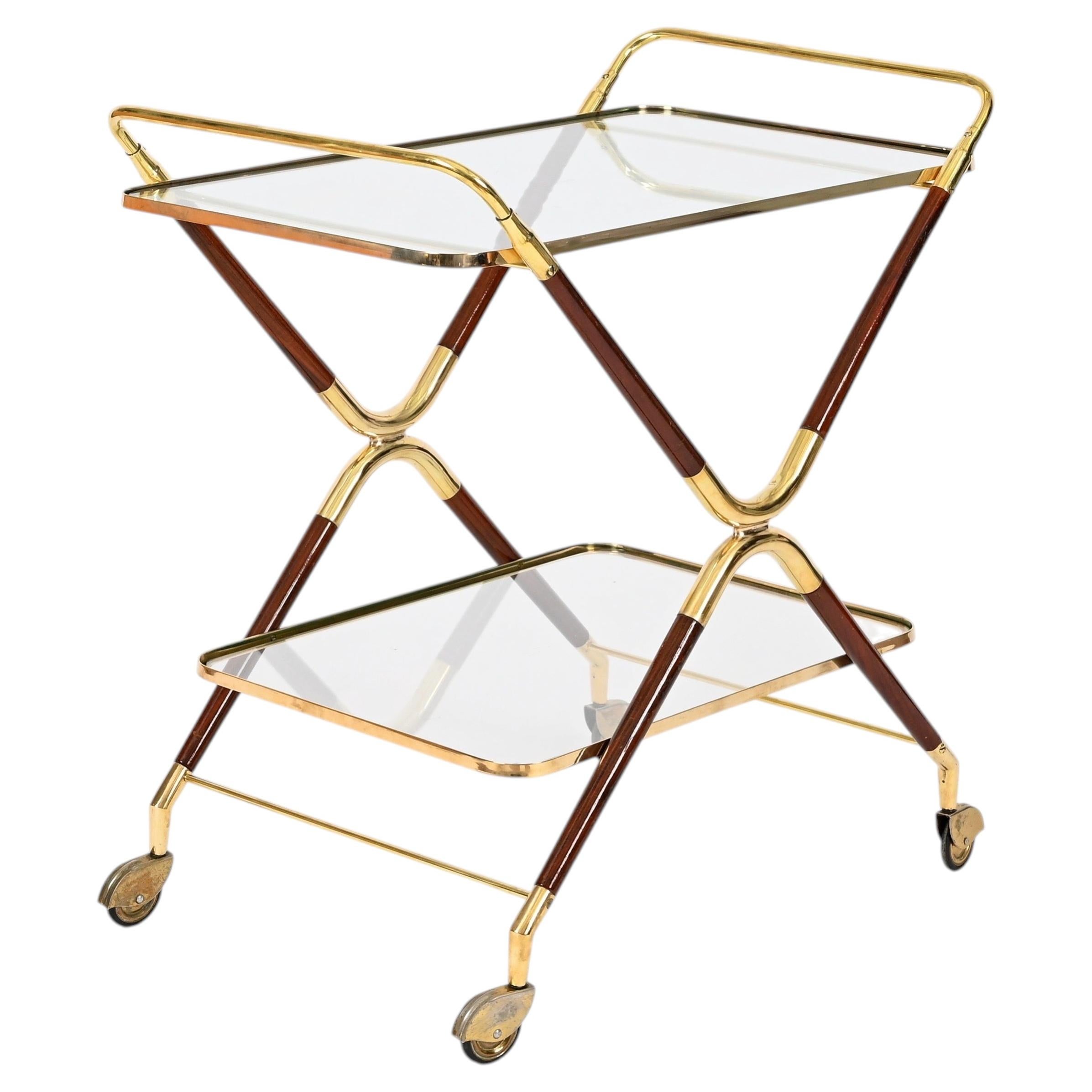 Cesare Lacca Brass and Wood Mid-Century Bar Cart, Italy, 1950s