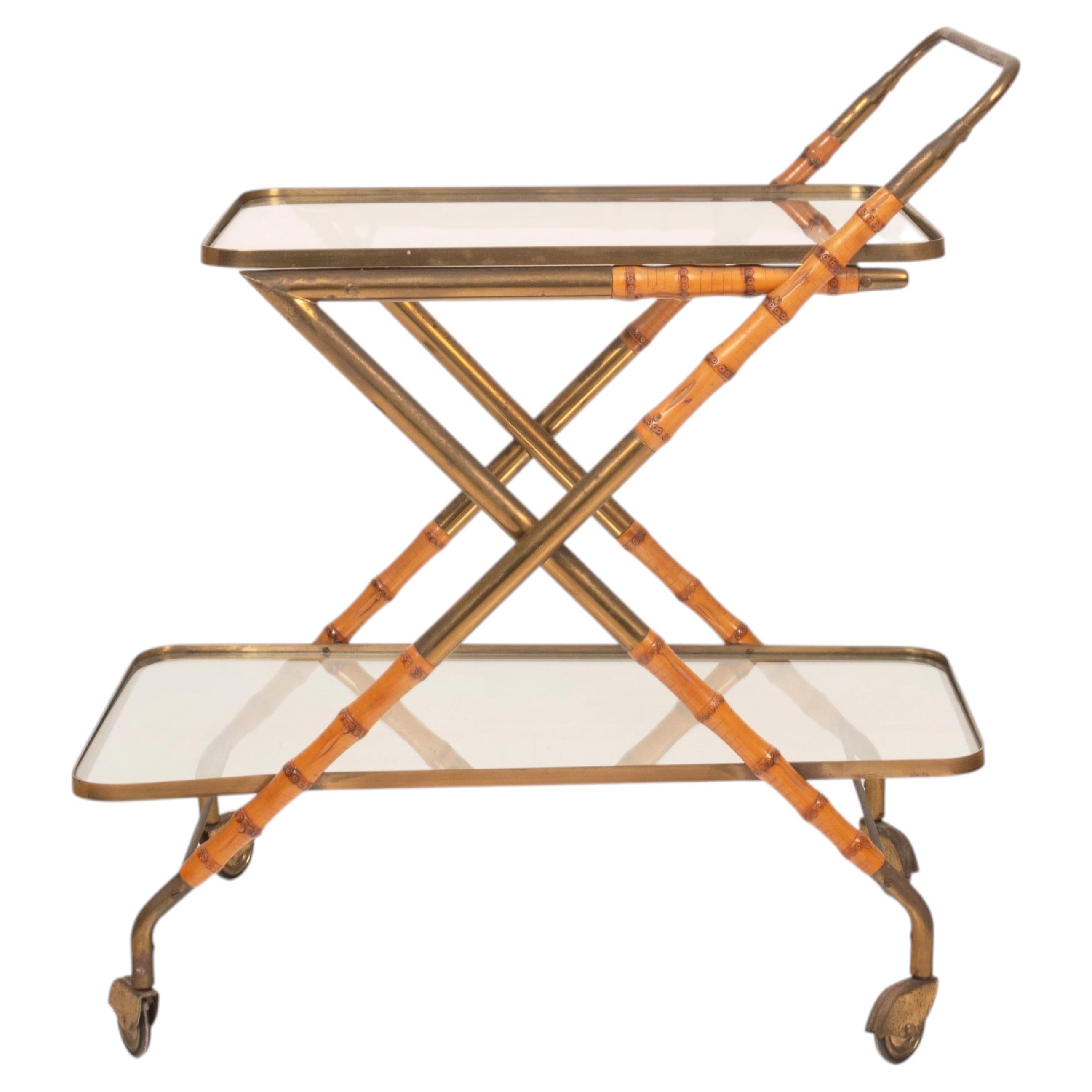 Cesare Lacca Brass Bar Cart with Faux Bamboo, Italian Mid-Century
