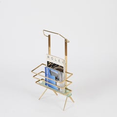 Cesare Lacca Brass & Perforated Green Metal Magazine Rack, Italy, 1950s