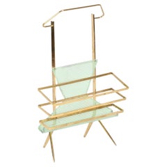 Cesare Lacca Brass & Perforated Green Metal Magazine Rack, Italy, 1950s