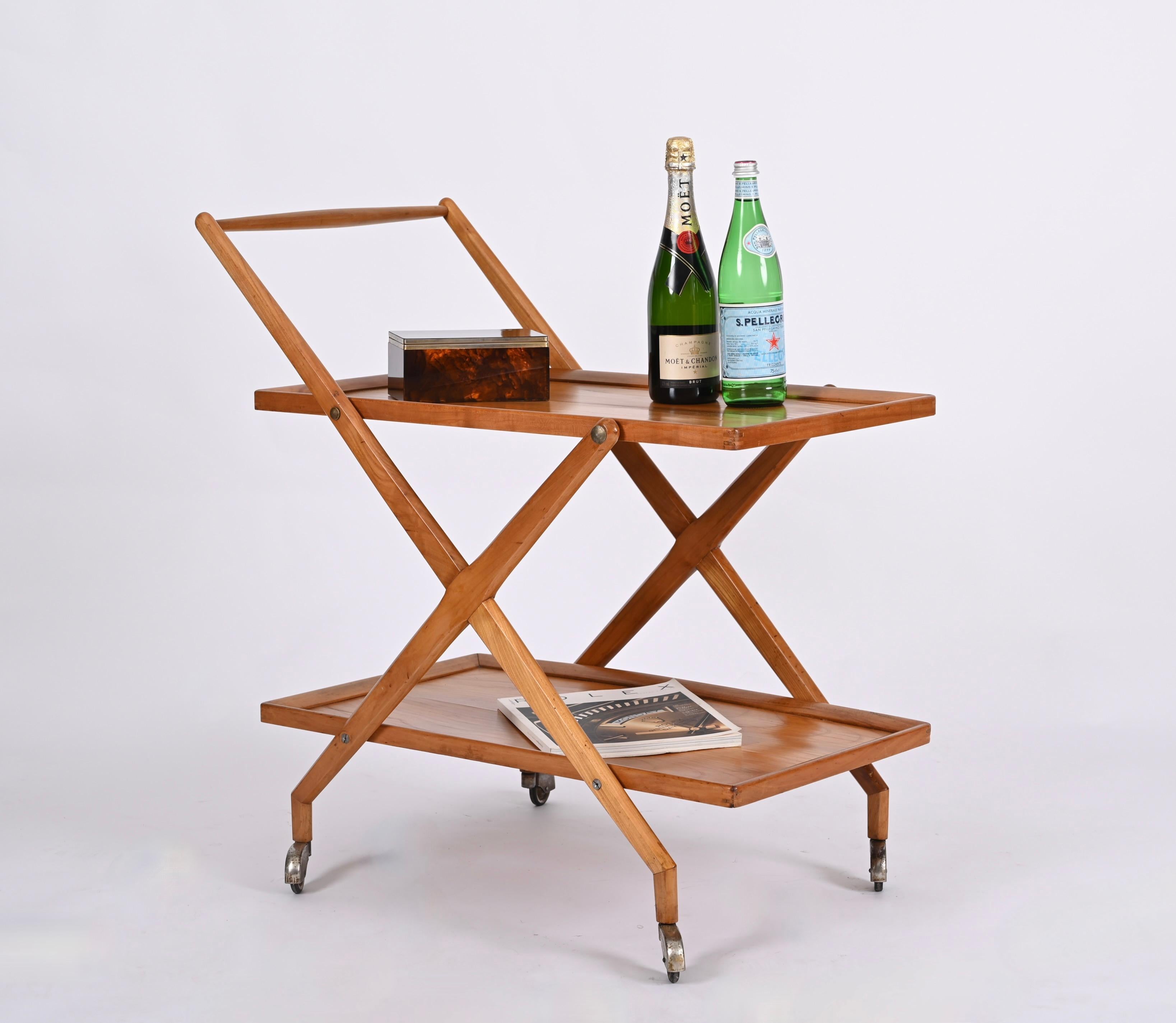 Cesare Lacca Cherry Wood and Metal Serving Bar Cart, Italy, 1950s For Sale 3