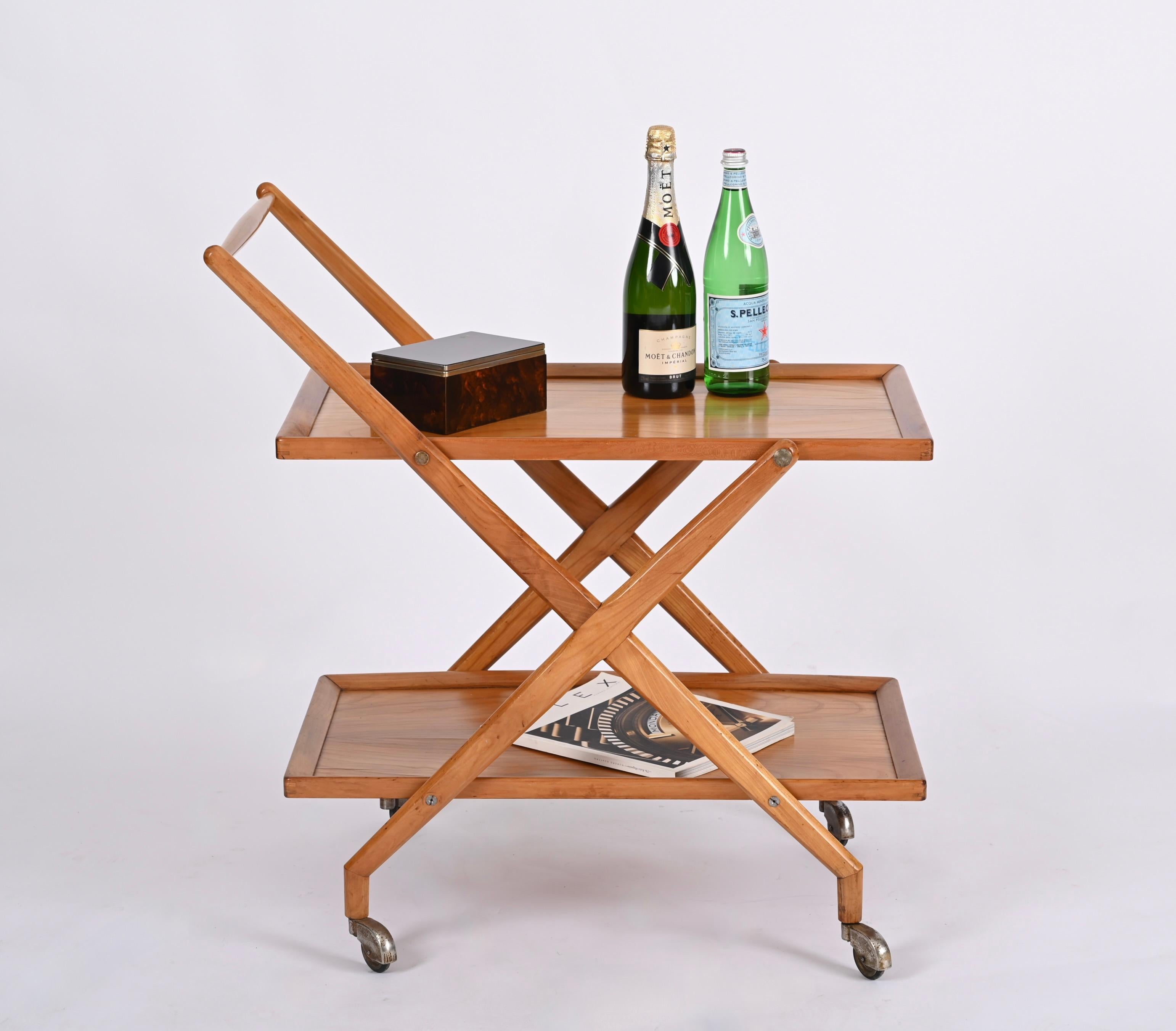 Italian Cesare Lacca Cherry Wood and Metal Serving Bar Cart, Italy, 1950s For Sale