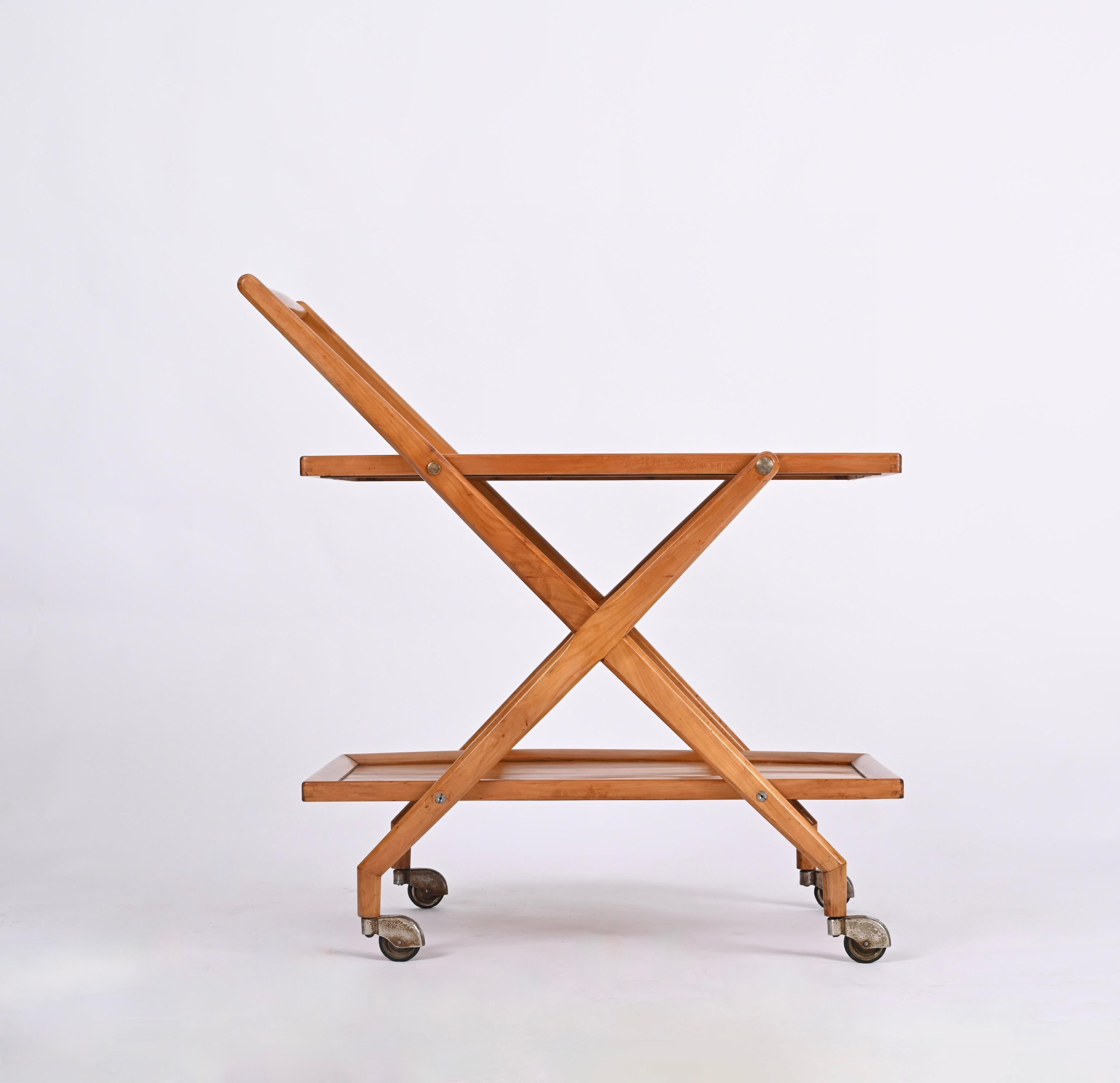 Cesare Lacca Cherry Wood and Metal Serving Bar Cart, Italy, 1950s In Good Condition For Sale In Roma, IT