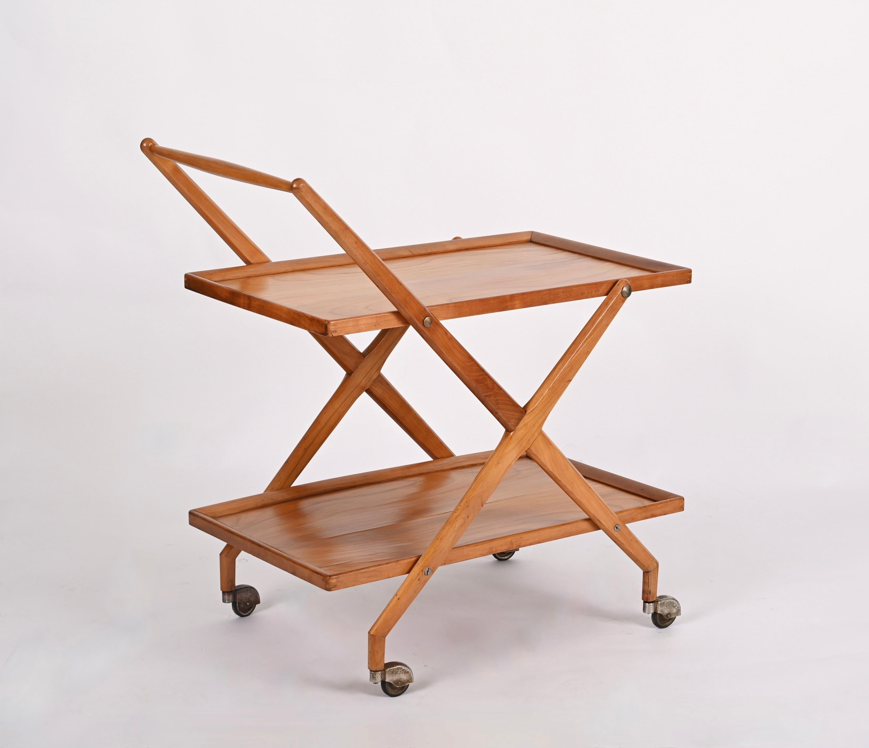 Cesare Lacca Cherry Wood and Metal Serving Bar Cart, Italy, 1950s For Sale 2