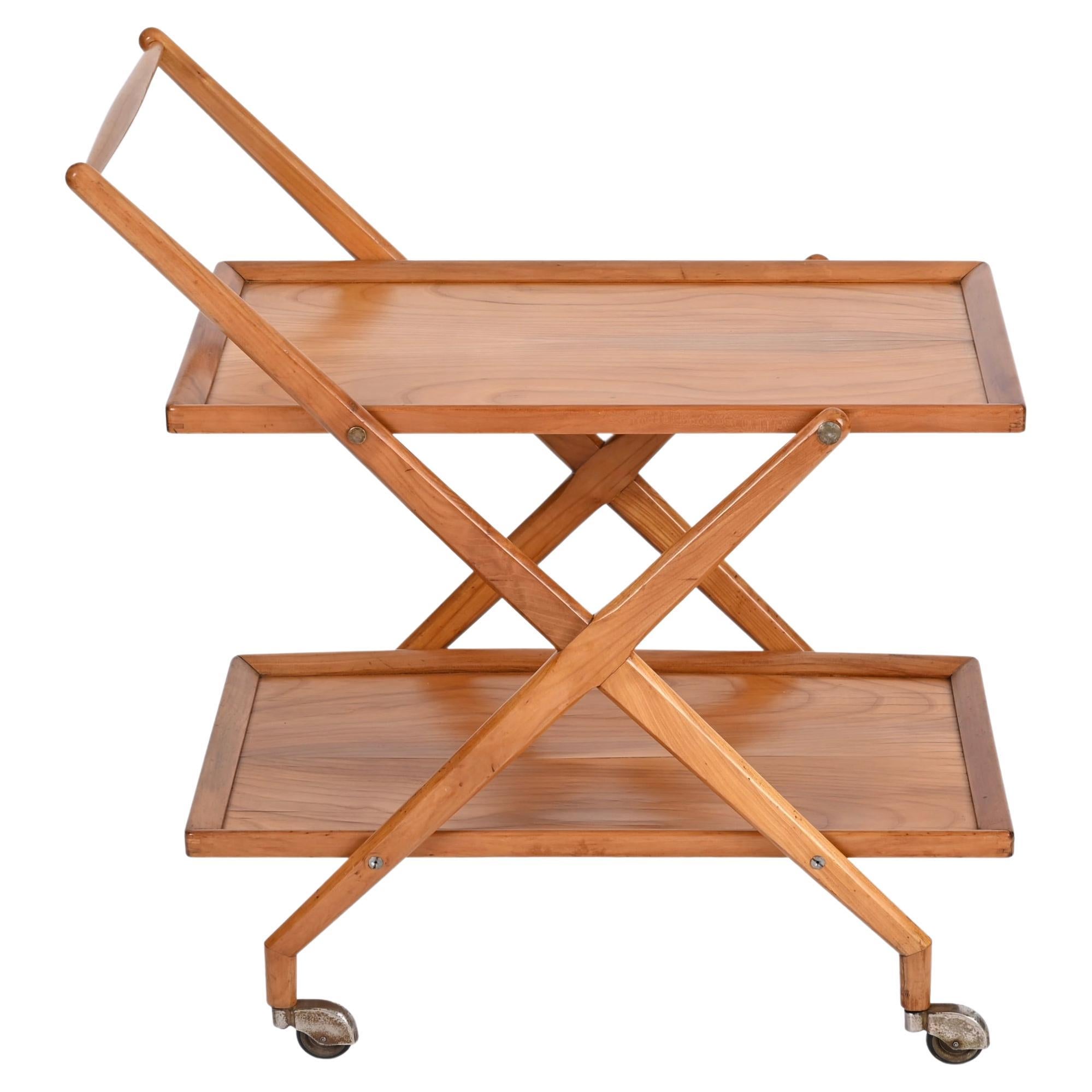 Cesare Lacca Cherry Wood and Metal Serving Bar Cart, Italy, 1950s For Sale