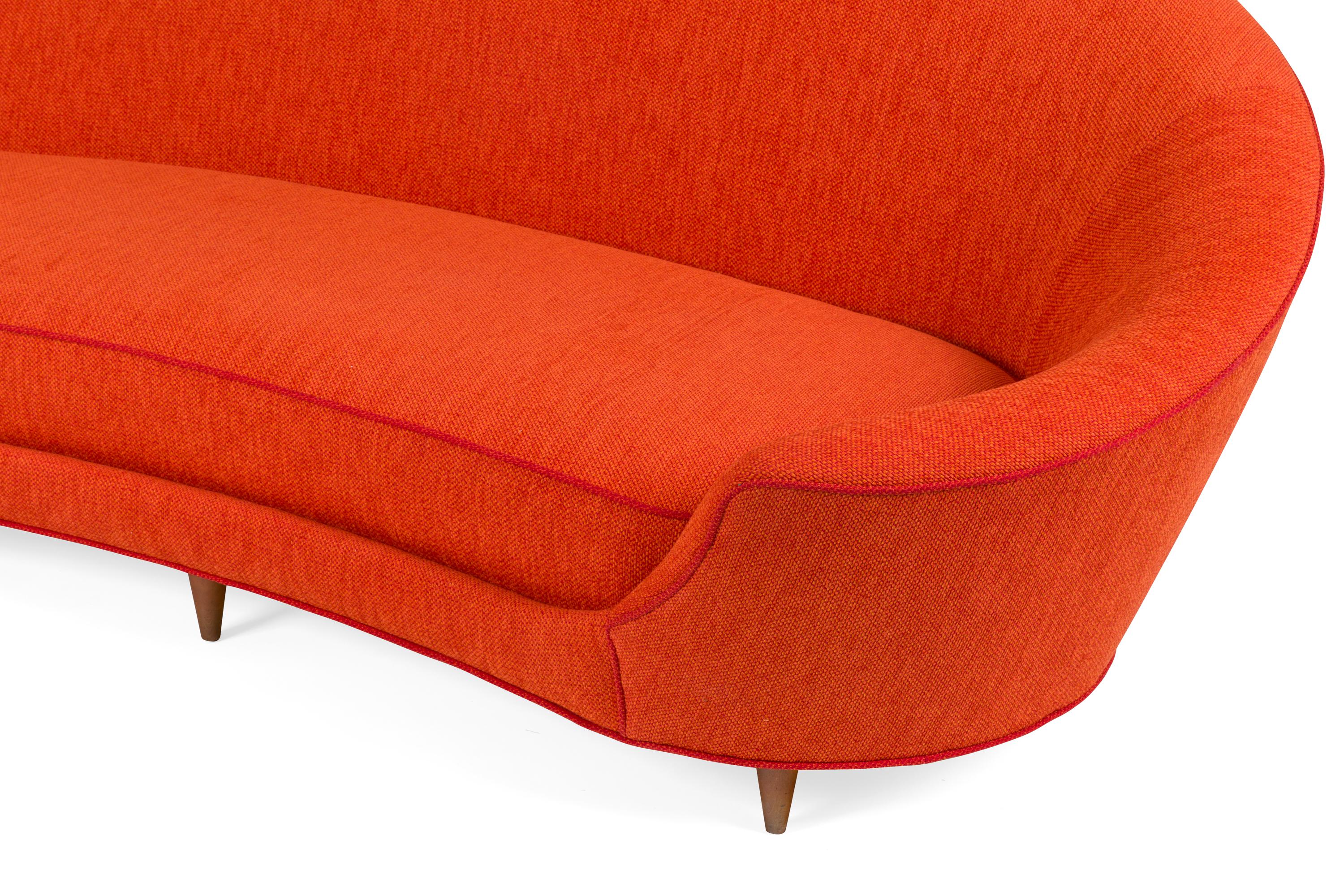 Mid-Century Modern Cesare Lacca Curved Sofa Reupholstered in Orange Fabric, Italy 1950s