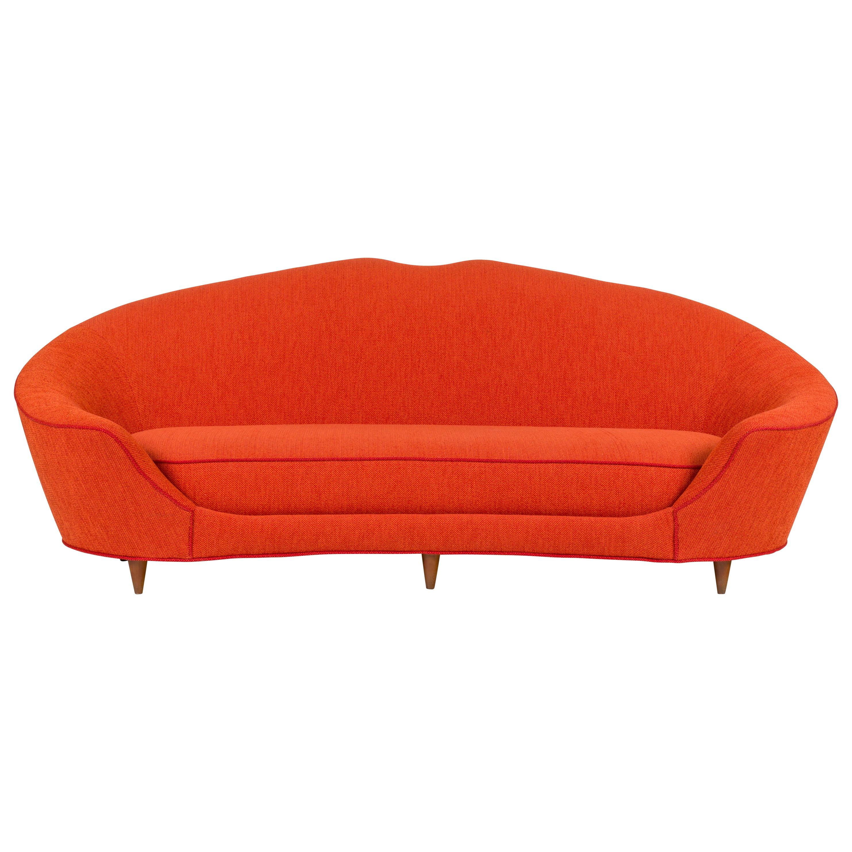 Cesare Lacca Curved Sofa Reupholstered in Orange Fabric, Italy 1950s