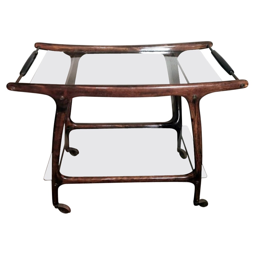 Cesare Lacca Designer Italian Service Cart Walnut And Glass Tops.