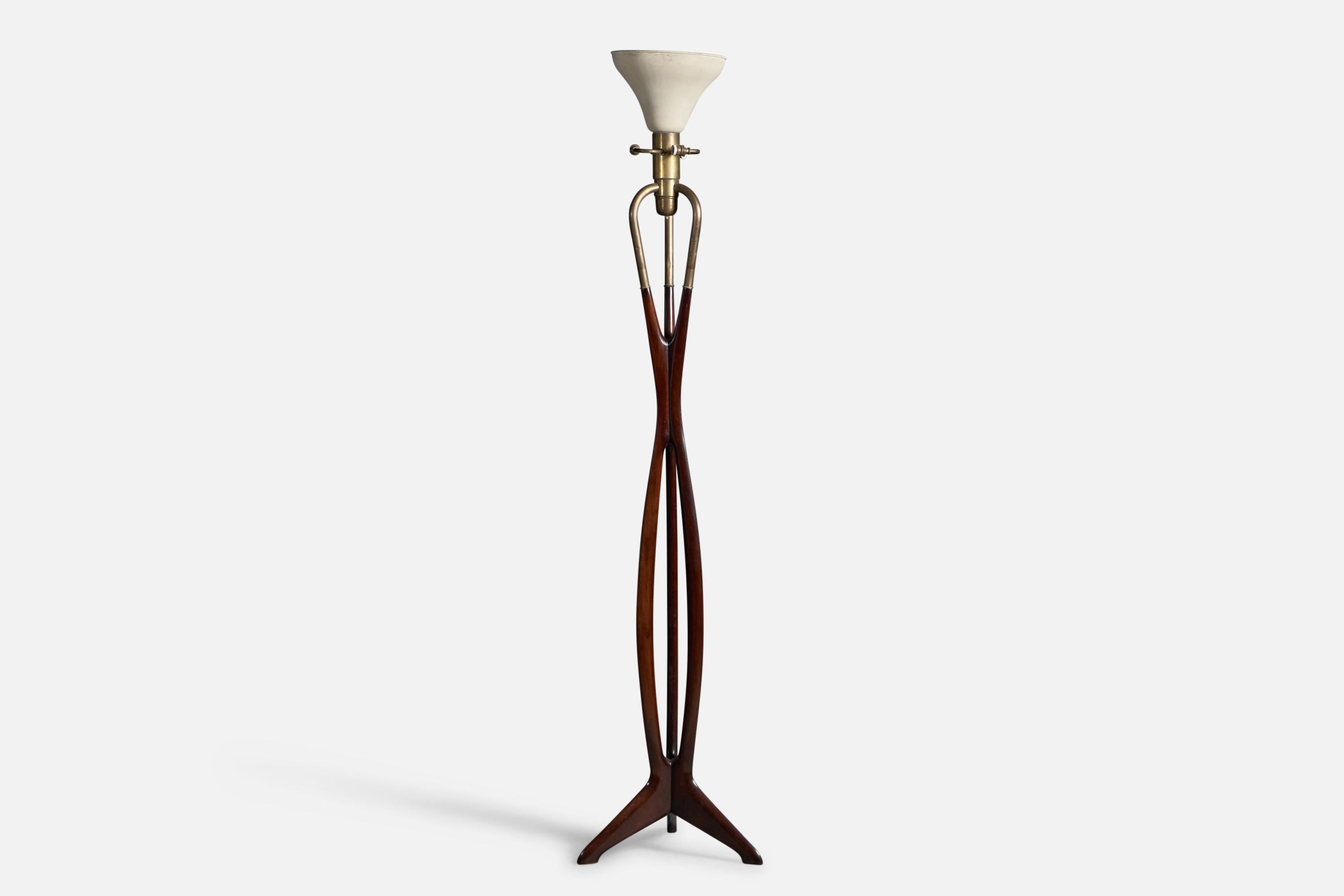 Stehlampe aus Nussbaum, Messing und weißem Stoff, entworfen und hergestellt von Cesare Lacca, Italien, 1950er Jahre

Abmessungen der Lampe (Zoll): 68,6
