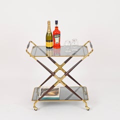 Cesare Lacca Folding Bar Cart in Brass, Beech and Smoked Glass, Italy, 1950s