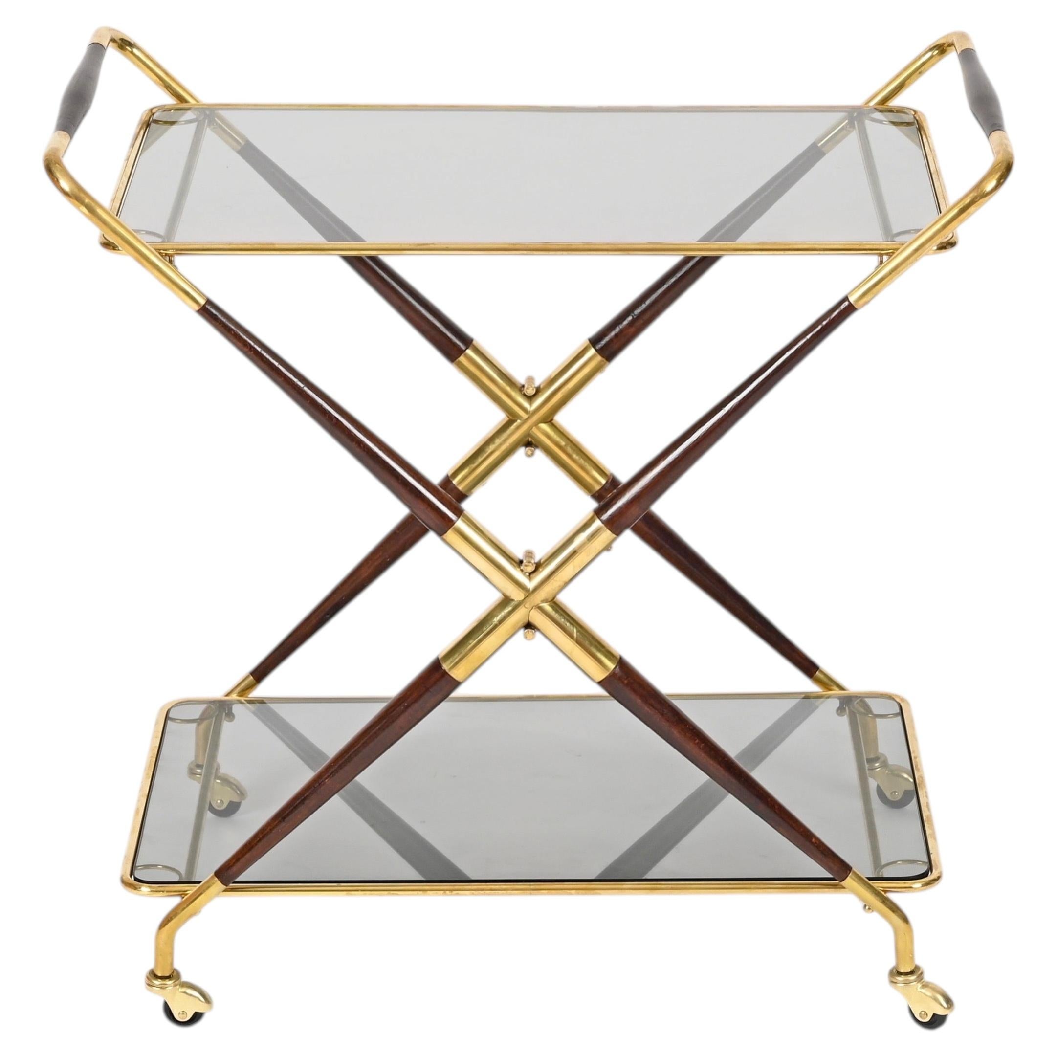 Cesare Lacca Folding Bar Cart in Brass, Beech and Smoked Glass, Italy, 1950s For Sale