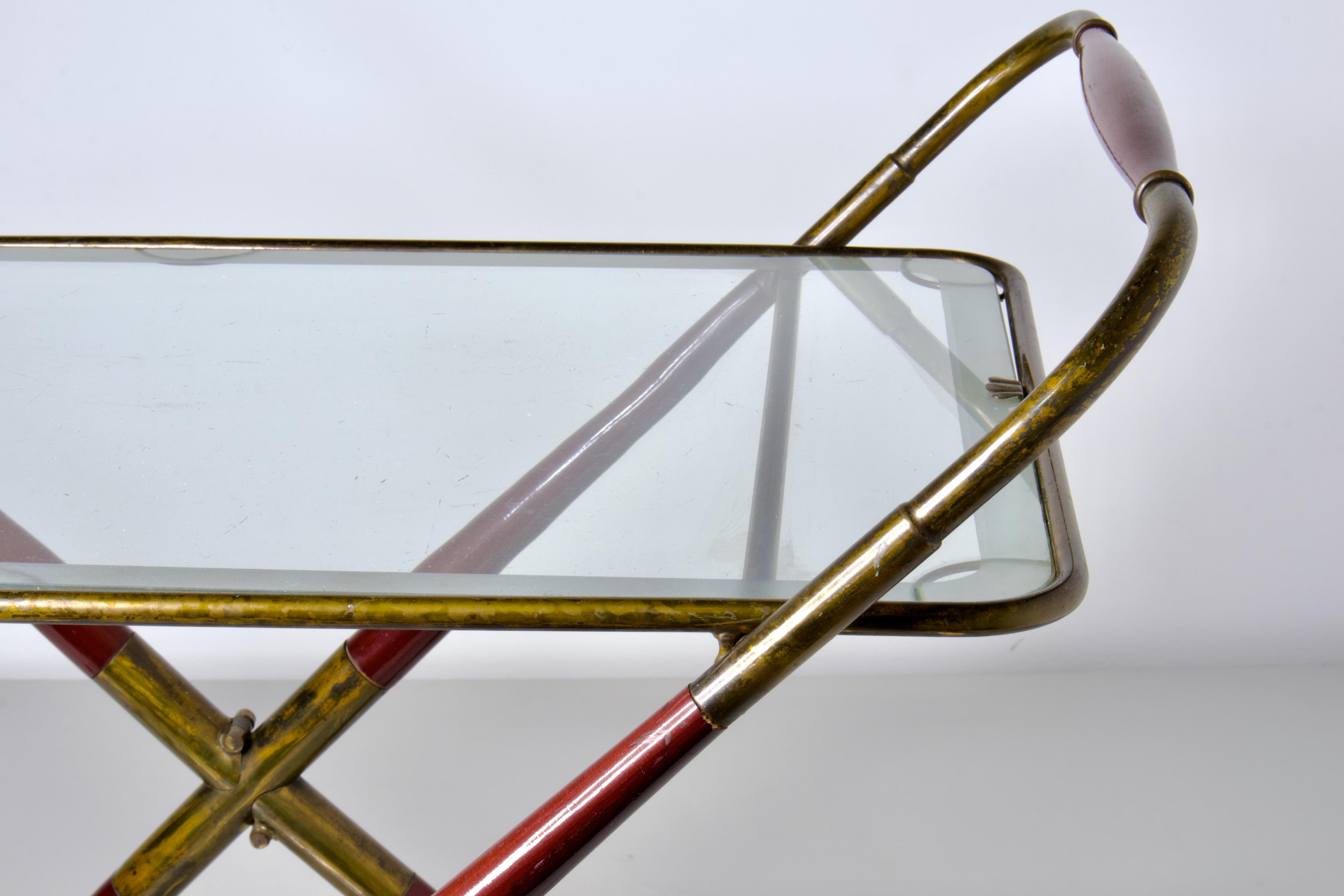 Cesare Lacca Klappbarwagen-Wagenwagen aus mattiertem Glas, Messing und Mahagoni Original im Angebot 11