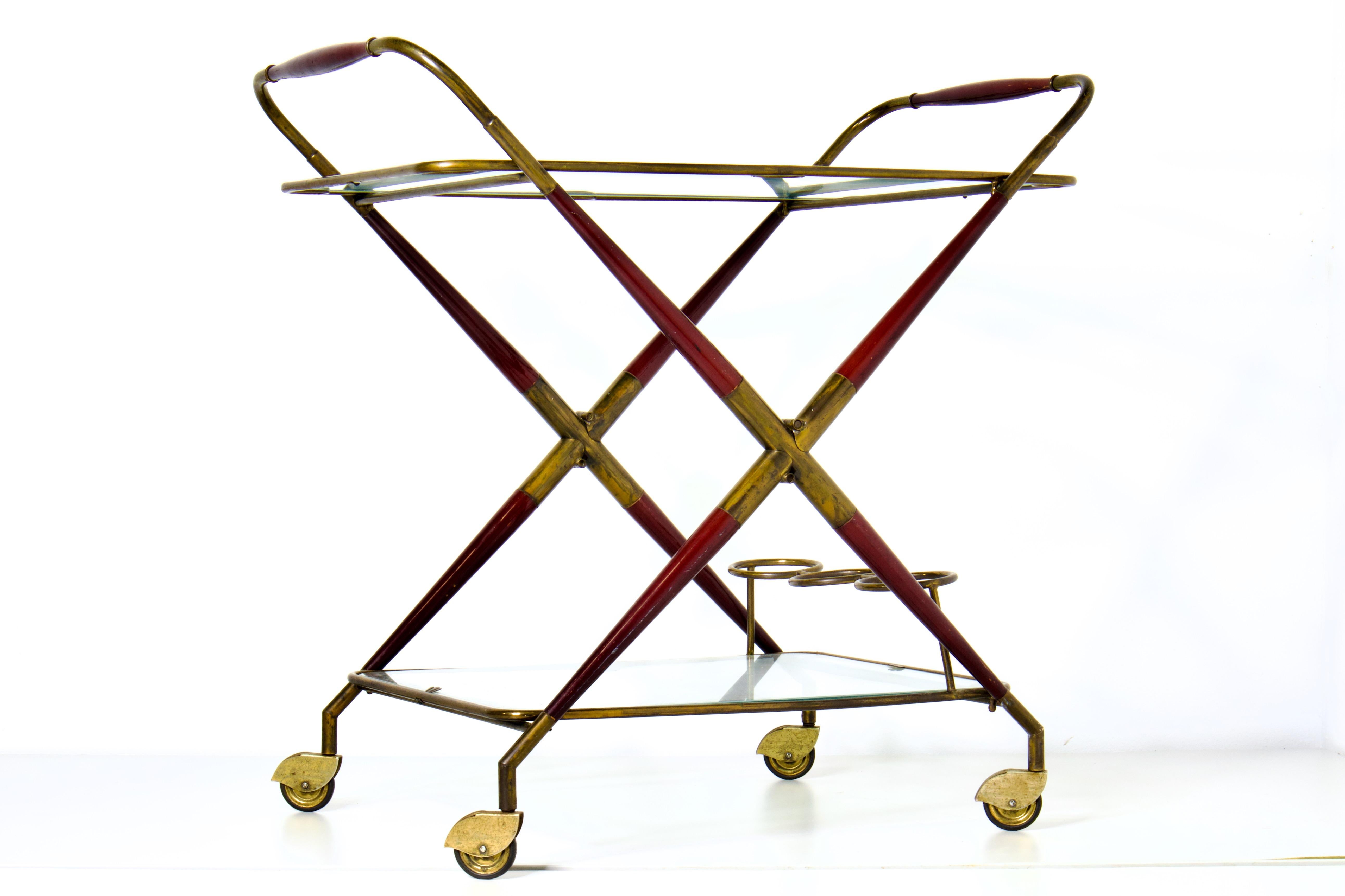 Mid-Century Modern Cesare Lacca Folding Bar Cart Trolley Original Frosted Glass, Brass & Mahogany For Sale