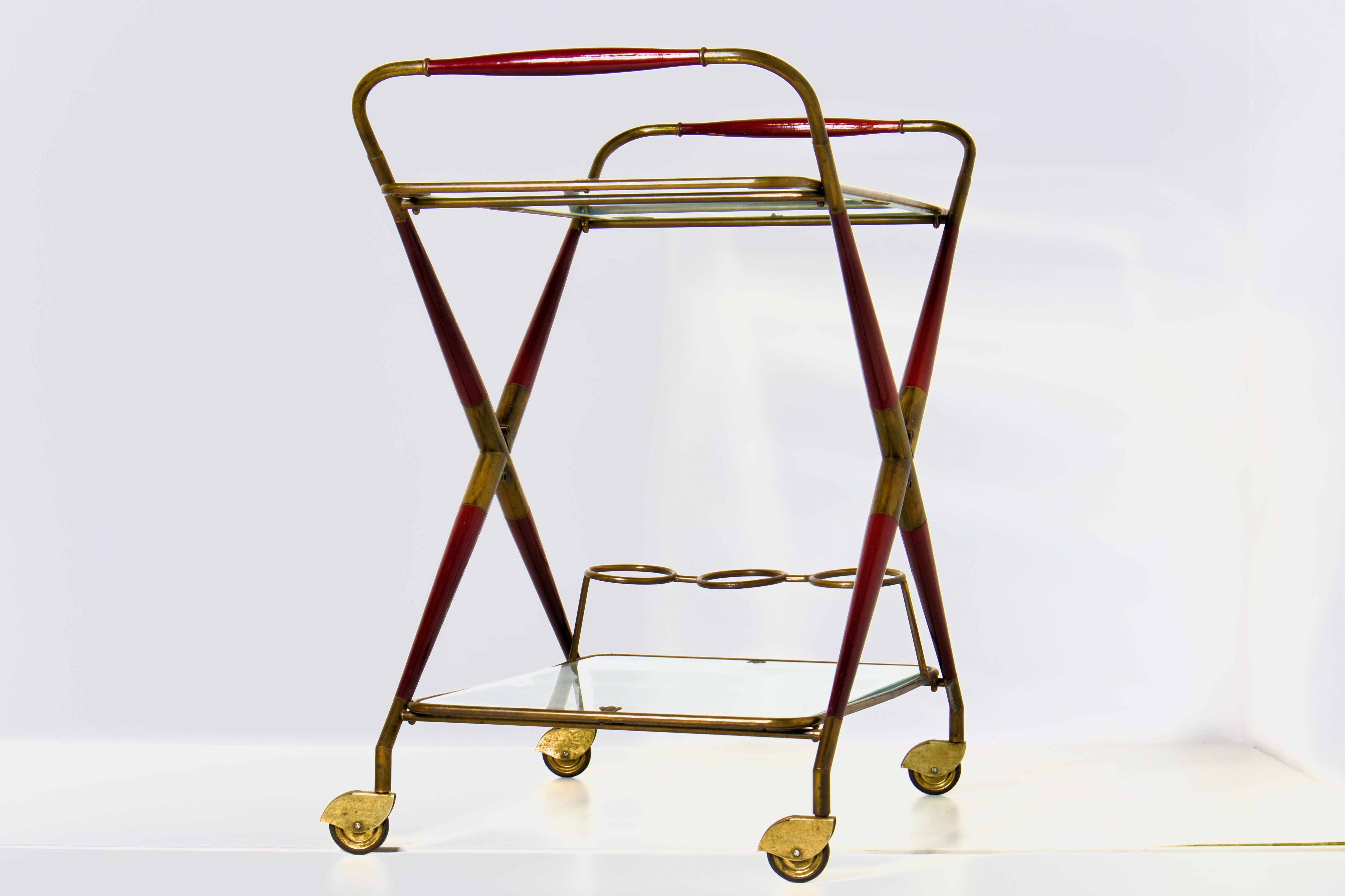 Italian Cesare Lacca Folding Bar Cart Trolley Original Frosted Glass, Brass & Mahogany For Sale