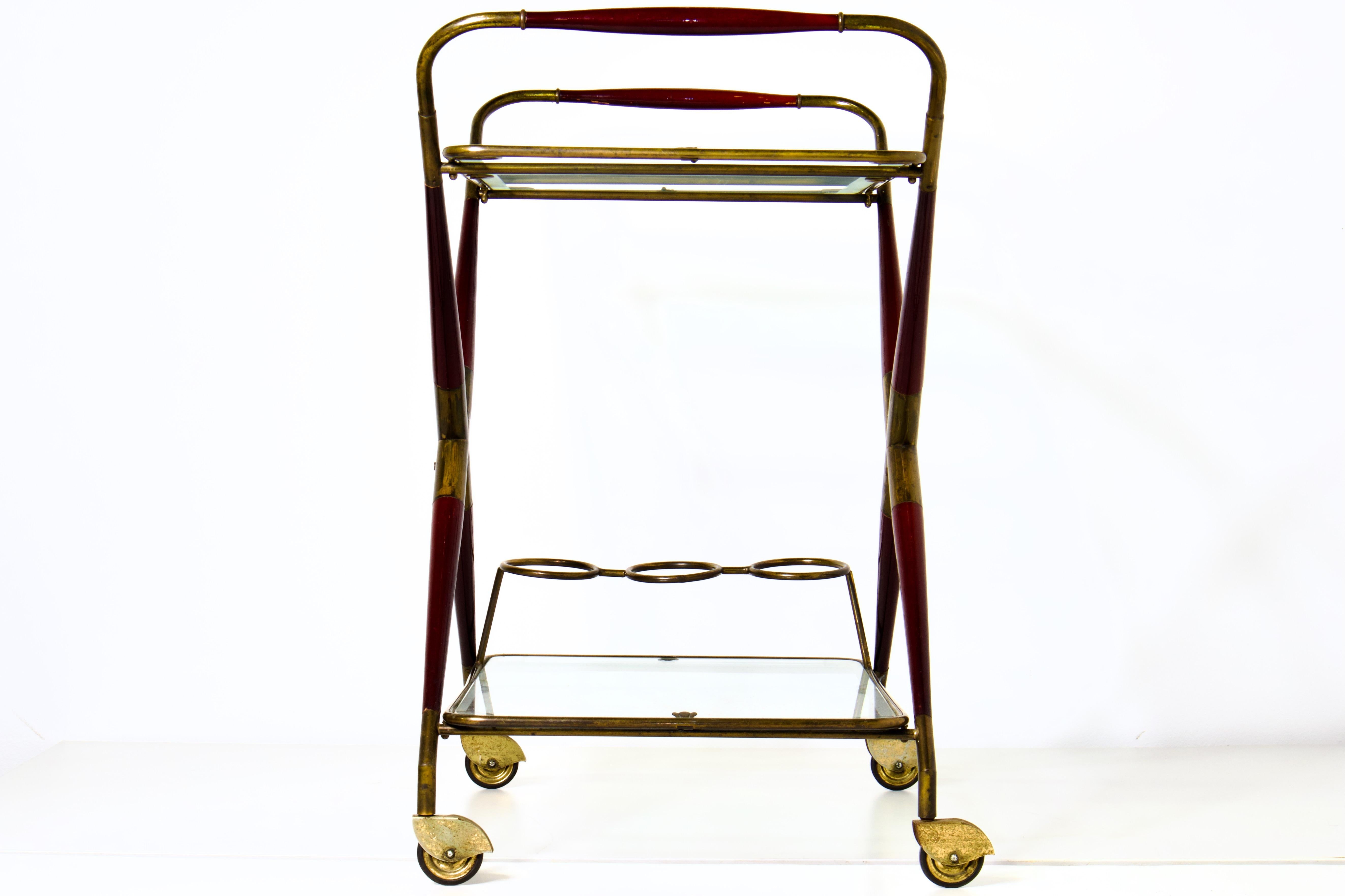 Cesare Lacca Folding Bar Cart Trolley Original Frosted Glass, Brass & Mahogany In Good Condition For Sale In Grand Cayman, KY