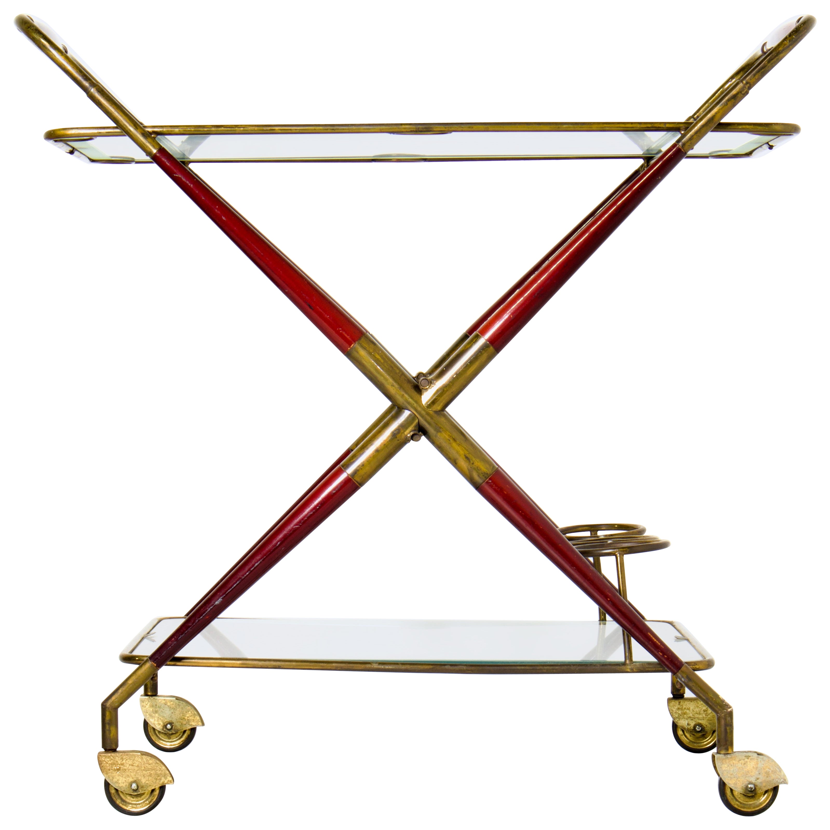 Cesare Lacca Carrello bar pieghevole in vetro satinato originale, ottone e mogano
